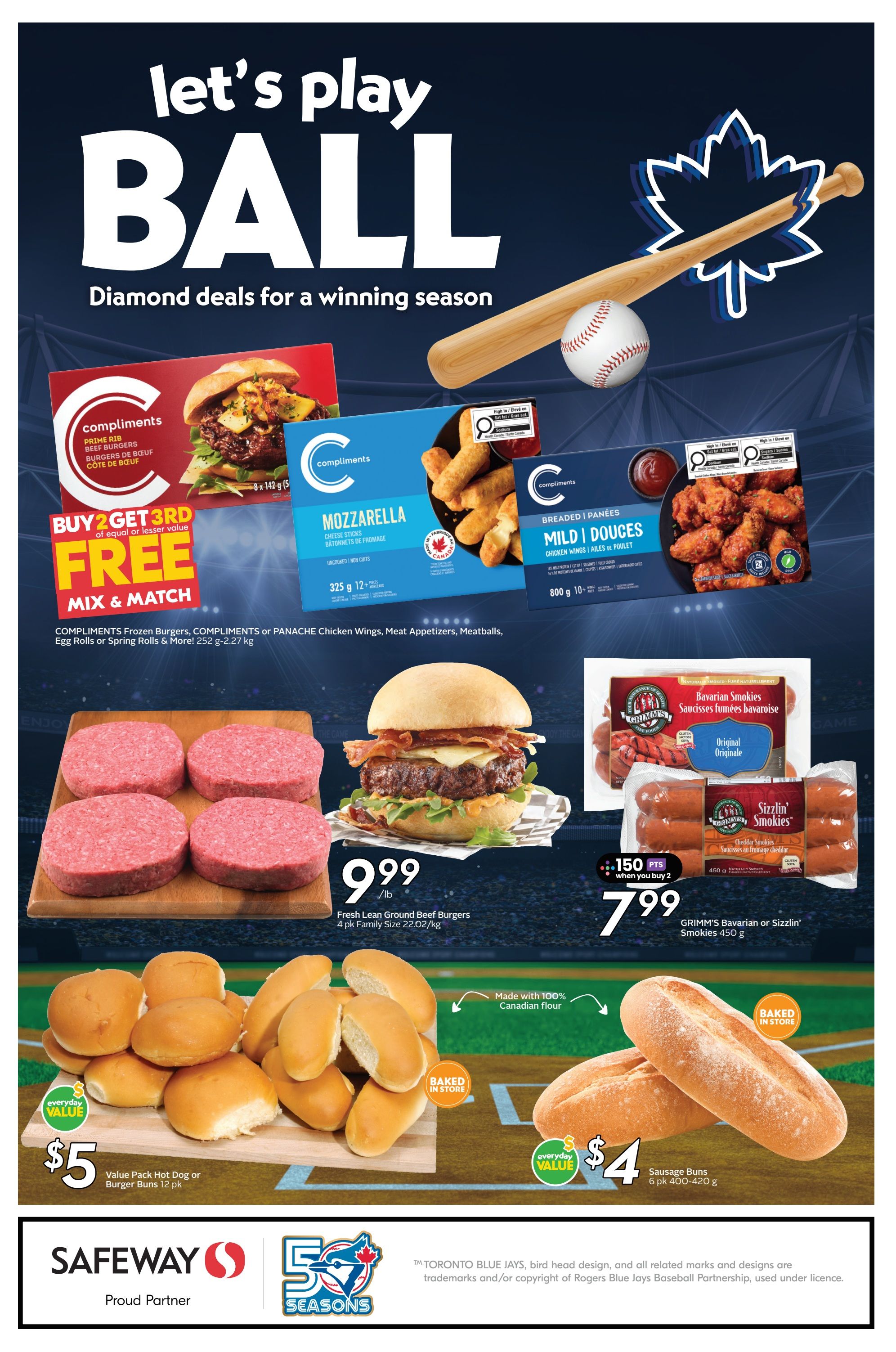 Safeway flyer page 25 features 'let's play BALL' diamond deals. Buy 2 Get 3rd FREE Mix & Match on Compliments Frozen Burgers, Compliments or Panache Chicken Wings, Meat Appetizers, Meatballs, Egg Rolls or Spring Rolls & More, 252 g-2.27 kg. Fresh Lean Ground Beef Burgers, 4 pk Family Size 22.02/kg, are $9.99/lb. Value Pack Hot Dog or Burger Buns, 12 pk, are $5. Sausage Buns, 6 pk 400-420 g, are $4. GRIMM'S Bavarian or Sizzlin' Smokies, 450 g, are 150 PTS when you buy 2, priced at $7.99. Also featured are Compliments Mozzarella Cheese Sticks and Compliments Breaded Chicken Wings.
