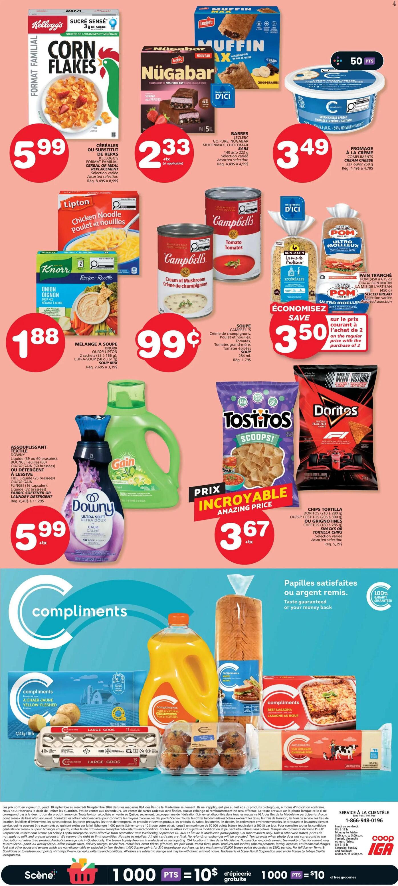 IGA Weekly Flyer Specials, Page 2. Featuring Kellogg's Corn Flakes cereal for $5.99. Leclerc Go Pure Nügabar Muffin Max bars are $2.33. Compliments Cream Cheese Spread is $3.49 and includes 50 bonus points. Lipton Chicken Noodle soup is $1.88. Campbell's Cream of Mushroom soup and Tomato soup are $0.99 each. Bon Matin La Mie de l'Artisan sliced bread is on sale for $3.50 when you buy 2. Downy Fabric Softener or Gain Laundry Detergent is $5.99. Doritos Tortilla Chips and Tostitos Scoops are $3.67. The bottom section highlights Compliments products including yellow-fleshed potatoes, large eggs, muffins, orange juice, and beef lasagna. Also featured are Compliments Old Cheddar cheese and Compliments white bread. The flyer also mentions 1000 Scene+ points equals $10 in free groceries.