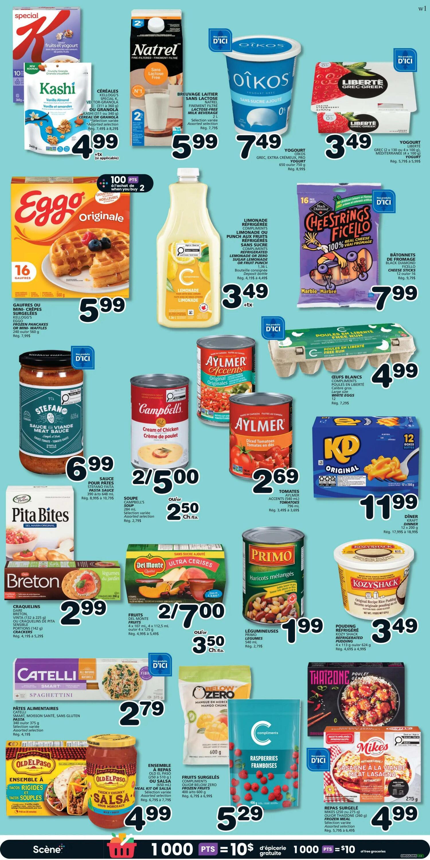 IGA Weekly Flyer Specials Page 5 features a variety of grocery items. Highlights include Kashi cereal or granola for $4.99, Natrel Lactose-Free Milk Beverage for $5.99, and Oikos Yogurt for $7.49. Eggo Original Frozen Pancakes are $5.99 for 16 waffles. Cheestrings Ficello Cheese Sticks are $7.99. Liberté Greek Yogurt is $3.49. Refrigerated Lemonade or Punch is $3.49. Aylmer Diced Tomatoes are $2.69. Campbell's Cream of Chicken Soup is 2 for $5.00 or $2.50 each. Stefanos Meat Sauce is $6.99. Pita Bites Crackers are $2.99. Breton Crackers are $2.99. Del Monte Ultra Cherries are 2 for $7.00 or $3.50 each. Primo Mixed Vegetables are $1.99. Kozy Shack Rice Pudding is $3.49. Catelli Spaghettini Pasta is $2.79. Old El Paso Meal Kits for Tacos are $4.99. Compliments Frozen Raspberries are $5.29. Below Zero Mango Chunks are $7.99. Thai Zone Frozen Chicken is $7.99. Mike's Frozen Meat Lasagna is $4.99.99.99. Also featured are white eggs for $4.99 and KD Original Macaroni & Cheese for $11.99.