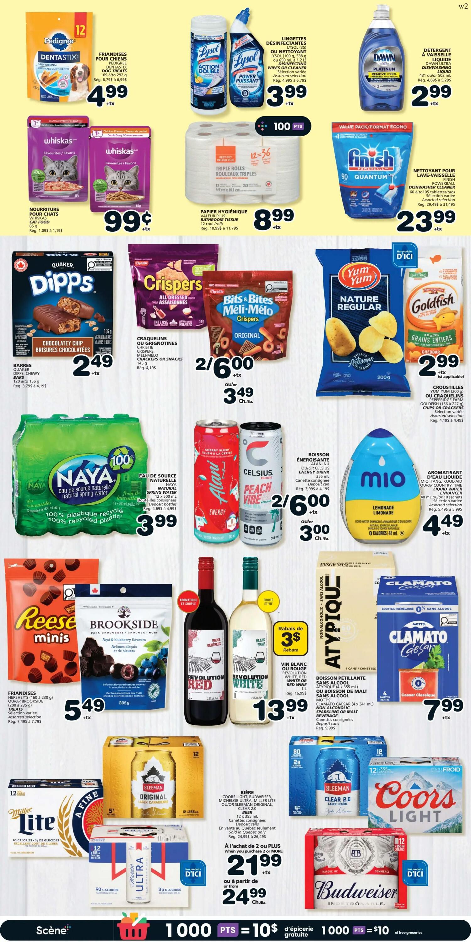 Page 6 of the IGA flyer for The Magdalen Islands features a variety of grocery specials. Top deals include DentaStix dog treats for $4.99, Lysol disinfecting wipes or cleaners for $3.99, and Dawn dish soap for $2.99. Also available are Whiskas cat food pouches for $0.99, Triple Rolls bathroom tissue for $8.99, and Finish Quantum dishwasher detergent for $23.99. Snack options include Quaker Dipps chewy bars for $2.49, Christie Crispers or Bits & Bites crackers or snacks for 2 for $6.00 or $3.49 each, and Yum Yum Nature Regular potato chips or Goldfish whole grain crackers for $2.99. Beverages on sale are Naya natural spring water for $3.99, Alani and Celsius energy drinks for 2 for $6.00 or $3.00 each, and Mio liquid water enhancers for $4.49. For treats, Reese's minis or Brookside dark chocolate treats are $5.49. Wine specials include Revolution Red or White wine for $13.99, with a $3 rebate. Non-alcoholic beverage options are Atypique sparkling water for $9.99 and Clamato Caesar for $7.99. Beer promotions include Sleeman Clear 2.0 or Coors Light for $24.99 when purchasing 2 or more, or $24.99 each. Budweiser is also available. The page highlights 1000 IGA points equals $10 in free groceries.
