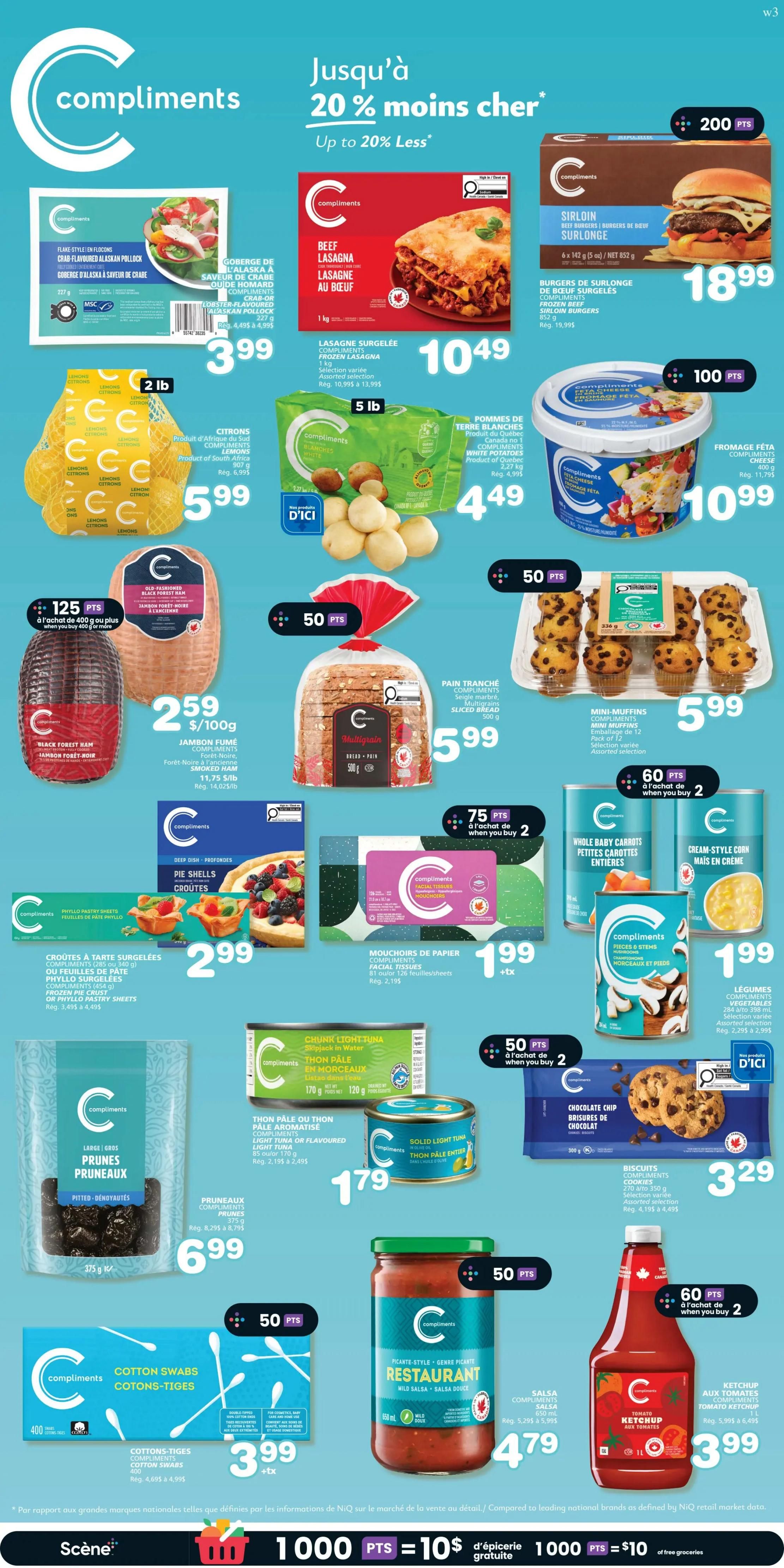 IGA weekly flyer specials page 7 featuring Compliments brand products. Offers include: Compliments Crab-Flavoured Alaskan Pollock for $3.99, Compliments Beef Lasagna for $10.49, Compliments Sirloin Burgers for $18.99, Compliments Lemons (2 lb bag) for $5.99, Compliments White Potatoes (5 lb bag) for $4.49, Compliments Feta Cheese for $10.99. Also featured are Compliments Old Fashioned Black Forest Ham at $2.59/100g, Compliments Multigrain Sliced Bread for $5.99, Compliments Mini Muffins for $5.99, Compliments Whole Baby Carrots for $1.99, Compliments Cream-Style Corn for $1.99, Compliments Frozen Pie Shells for $2.99, Compliments Facial Tissues for $1.99, Compliments Chunk Light Tuna for $1.79, Compliments Solid Light Tuna for $1.79, Compliments Chocolate Chip Cookies for $3.29, Compliments Pitted Prunes for $6.99, Compliments Cotton Swabs for $3.99, Compliments Restaurant Mild Salsa for $4.79, and Compliments Tomato Ketchup for $3.99. Some items offer bonus points with purchase.