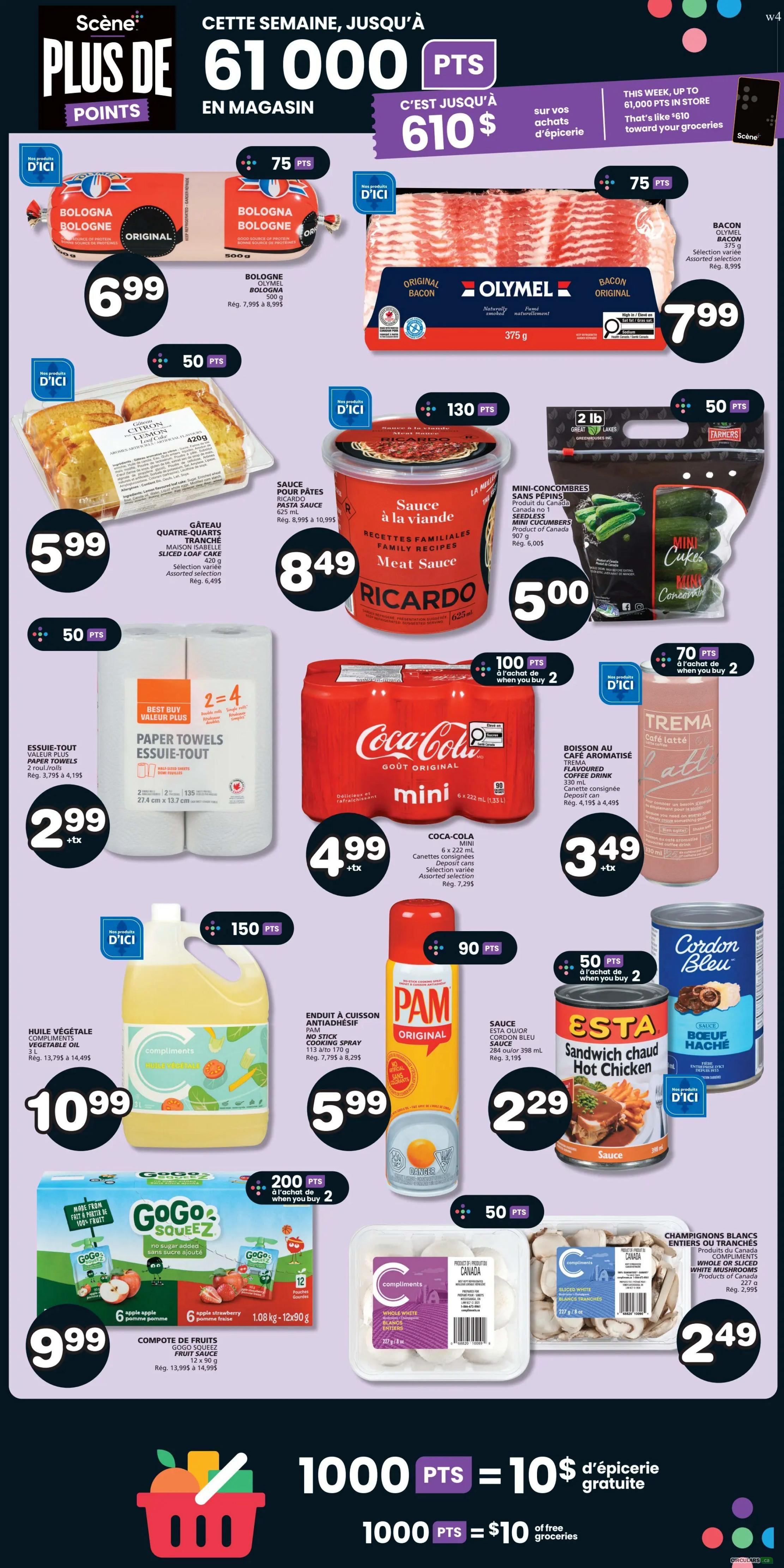 IGA Weekly Flyer Specials Page 8: Features a variety of products including Original Bologna for $6.99, Olymel Original Bacon for $7.99, and a 420g sliced loaf cake for $5.99. Also available are Ricardo Meat Sauce for $8.49, 2lb mini cucumbers for $5.00, and Best Buy Value Plus Paper Towels for $2.99. Coca-Cola Mini 6 x 222ml cans are $4.99, and Trema Flavoured Coffee Drink is $3.49. Compliments Vegetable Oil is $10.99. PAM Original No Stick Cooking Spray is $5.99. Esta Sandwich Chaud Hot Chicken sauce is $2.29. GoGo Squeez Fruit Sauce pouches (apple or strawberry) 1.08kg are $9.99. Compliments Whole White Sliced Mushrooms are $2.49. The flyer highlights Scene+ points offers throughout the page, with promotions like 75 points on Bologna and Bacon, 50 points on sliced loaf cake and mini cucumbers, 130 points on Meat Sauce, 100 points on Coca-Cola when you buy 2, 70 points on Trema when you buy 2, 150 points on Vegetable Oil, 90 points on PAM, 50 points on Esta sauce, and 200 points on GoGo Squeez when you buy 2. A special offer at the bottom states 1000 Scene+ points equals $10 in free groceries.