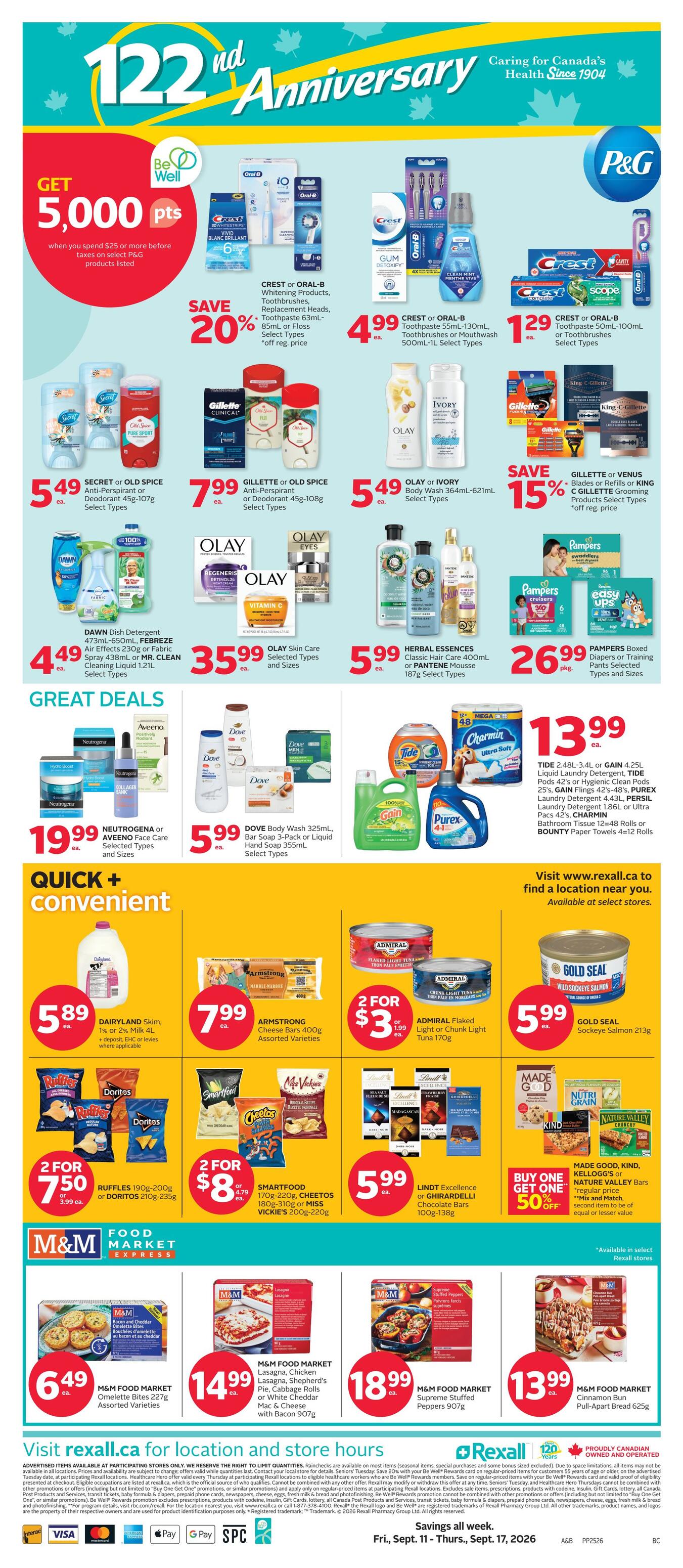 Rexall flyer page 3 featuring P&G products with a 122nd Anniversary celebration. Get 5,000 Be Well points when you spend $25 or more on select P&G products. Deals include Crest or Oral-B Whitening Toothbrushes, Replacement Heads, or Mouthwash starting at $4.99, with a 20% off select Crest or Oral-B products. Secret or Old Spice Anti-Perspirant or Deodorant is $5.49. Gillette or Old Spice Anti-Perspirant or Deodorant is $7.99. Olay or Ivory Body Wash is $5.49. Dawn Dish Detergent, Febreze Air Effects, or Mr. Clean Cleaning Liquid is $4.49. Olay Skin Care is $35.99. Herbal Essences Classic Hair Care or Pantene Mousse is $5.99. Pampers Boxed Diapers or Training Pants are $26.99. Save 15% on Gillette or Venus Blades or Refills or King C. Gillette Grooming Products. Great Deals include Neutrogena or Aveeno Face Care for $19.99 and Dove Body Wash or Bar Soap or Liquid Hand Soap for $5.99. Quick and convenient items include Dairyland Skim, 1% or 2% Milk for $5.89. Armstrong Cheese Bars are $7.99. Admiral Flaked Tuna or Light Tuna is 2 for $3. Gold Seal Sockeye Salmon is $5.99. Ruffles or Doritos are 2 for $7.50. Smartfood or Cheetos or Vickie's are 2 for $8. Lindt Excellence or Ghirardelli Chocolate Bars are $5.99. Buy One Get One 50% off on Made Good, Kind, Kellogg's or Nature Valley Bars. M&M Food Market deals include Omelette Bites for $6.49, Lasagna for $14.99, Supreme Stuffed Peppers for $18.99, and Cinnamon Bun Pull-Apart Bread for $13.99. Visit rexall.ca for store locations and hours. Savings valid Friday, September 11 to Thursday, September 17, 2026.