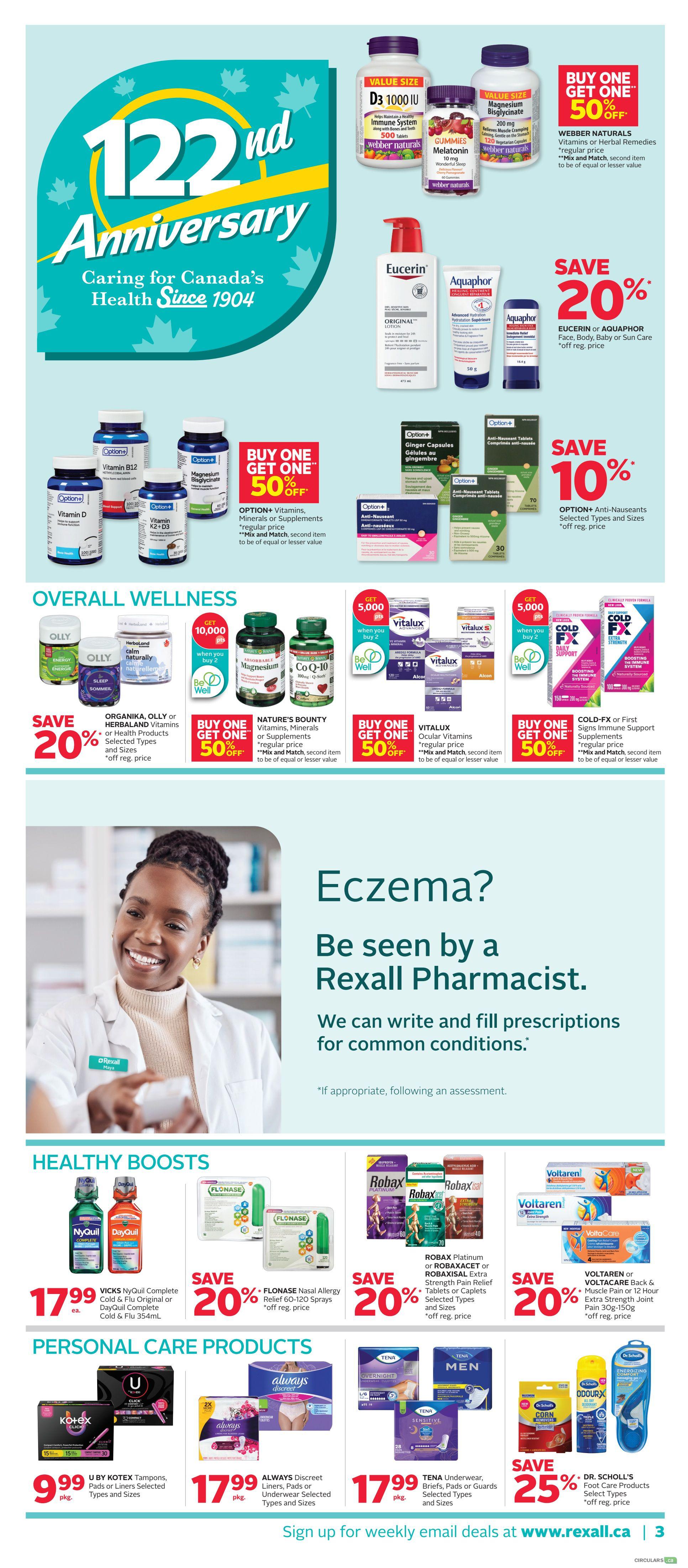 Rexall flyer page 8 features a 122nd Anniversary celebration with various health and wellness products. Top section highlights Webber Naturals vitamins and herbal remedies with a Buy One Get One 50% off offer, including D3 1000 IU, Melatonin Gummies, and Magnesium Bisglycinate. Eucerin or Aquaphor face, body, or baby care products are on sale for 20% off. Option+ vitamins, minerals, or supplements are Buy One Get One 50% off, alongside Option+ Anti-Nauseant tablets with a 10% discount. In the Overall Wellness section, Organika, Olly, or Herbaland health products are 20% off. Nature's Bounty vitamins, minerals, or supplements and Vitalux ocular vitamins are Buy One Get One 50% off. Cold-FX or First Signs immune support supplements are also Buy One Get One 50% off. The page also features a section on Eczema, encouraging customers to see a Rexall Pharmacist for prescriptions for common conditions. The Healthy Boosts section includes NyQuil Complete Cold & Flu or DayQuil Complete Cold & Flu for $17.99 each, Flonase Nasal Allergy Relief 60-120 sprays for 20% off, and Robax Platinum or Robaxacet Extra Strength Pain Relief tablets or caplets, and Voltaren Back or Voltacare Muscle Pain relief for 20% off. Personal Care Products include U by Kotex Tampons, Pads or Liners for $9.99 pkg, Always Discreet Liners, Pads or Underwear for $17.99 pkg, and Tena Underwear, Briefs, Pads or Guards for $17.99 pkg. Dr. Scholl's Foot Care products are 25% off. The bottom of the page invites sign-ups for weekly email deals at www.rexall.ca.
