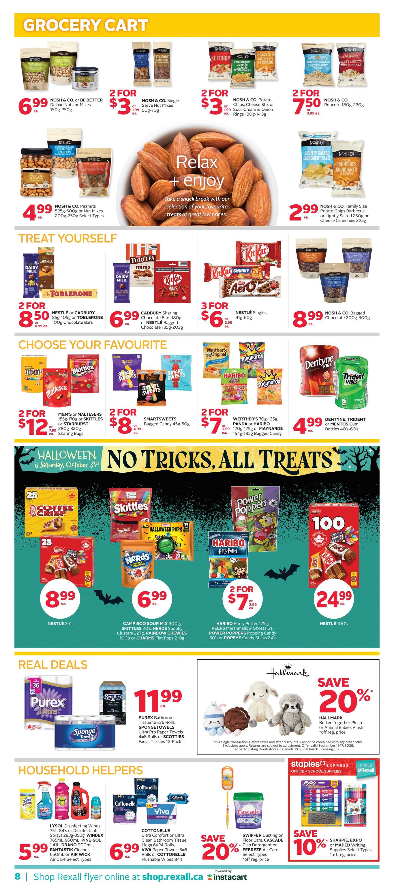 Rexall flyer page 13 featuring 'Grocery Cart' deals with Nosh & Co. nuts and mixes starting at $3 for 2, and Nosh & Co. potato chips and popcorn for $3 for 2. 'Treat Yourself' section includes Cadbury or Nestle chocolate bars for $8.50 for 2, Cadbury sharing chocolate bars for $6.99, Nestle Singles for $6 for 3, and Nosh & Co. bagged chocolate for $8.99. 'Choose Your Favourite' offers M&M's, Skittles, or Starburst sharing bags for $12 for 2, SmartSweets bagged candy for $8 for 2, Werther's, Panda, or Maynards bagged candy for $7 for 2, and Dentyne or Mentos gum for $4.99. The 'Halloween: No Tricks, All Treats' section showcases Nestlé 25's Coffee Crisp for $8.99, Camp Boo Sour Mix, Skittles, Nerds, Rainbow Chewies, or Charms for $6.99, and Haribo Harry Potter, Peeps, Power Poppers, or Popeye candy for $7 for 2. Nestlé 100's are $24.99. 'Real Deals' include Purex Bathroom Tissue, Spongetowels, or Scotties Facial Tissues for $11.99, and a 20% savings on Hallmark Better Together Plush or Animal Babies. 'Household Helpers' features Lysol Disinfecting Wipes, Fantastik cleaner, or Air Wick for $5.99, Cottonelle or Viva paper products for $6.99, and 20% savings on Swiffer dusting or Febreze air care. Staples Expo markers or writing supplies are 10% off.