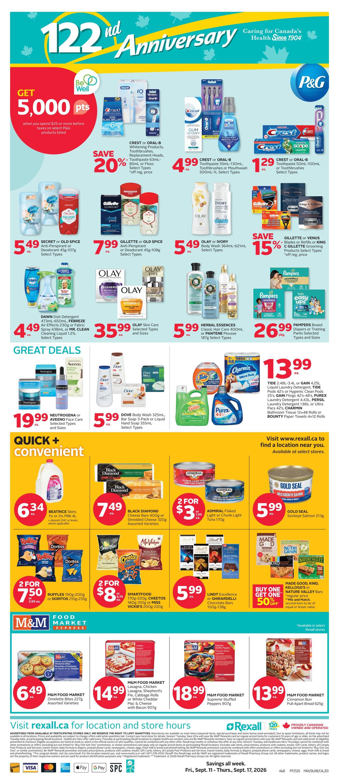 Rexall flyer page 3 featuring 122nd Anniversary specials. Get 5,000 Be Well points when you spend $25 or more on select P&G products. Save 20% on Crest or Oral-B Whitening Products, Toothbrushes, Replacement Heads, Toothpaste 63mL-93mL or Floss. Crest or Oral-B Toothpaste 55mL-130mL or Mouthwash 500mL-1L are $4.99 each. Crest or Oral-B Toothpaste 50mL-100mL or Toothbrushes are $1.29 each. Secret or Old Spice Anti-Perspirant or Deodorant 45g-107g are $5.49 each. Gillette or Old Spice Anti-Perspirant or Deodorant 45g-108g are $7.99 each. Olay or Ivory Body Wash 361mL-621mL are $5.49 each. Save 15% on Gillette or Venus Blades or Refills or King C. Gillette Grooming Products. Pampers Boxed Diapers or Training Pants are $26.99 per package. Olay Skin Care is $35.99. Herbal Essences Classic Hair Care 400mL or Pantene Mousse 187g are $5.99 each. Dawn Dish Detergent 473mL-650mL, Febreze Air Effects 230g or Fabric Spray 438mL or Mr. Clean Cleaning Liquid 1.21L are $4.49 each. Great Deals include Neutrogena or Aveeno Face Care for $19.99, Dove Body Wash 325mL, Bar Soap 3-Pack or Liquid Hand Soap 355mL for $5.99. Tide Liquid Laundry Detergent 2.48L-3.4L or Gain Liquid Laundry Detergent 4.25L, Tide Pods 42's or Hygienic Clean Pods 25's, Gain Flings 42's-48's, Purex Laundry Detergent 4.43L, Persil Laundry Detergent 1.86L or Ultra Pacs 42's, Charmin Bathroom Tissue 12x48 Rolls or Bounty Paper Towels 4x12 Rolls are $13.99 each. Quick and convenient deals include Beatrice Skim, 1% or 2% Milk 4L for $6.34, Black Diamond Cheese Bars 400g or Shredded Cheese 320g for $7.49, Admiral Flaked Light or Chunk Light Tuna 170g for 2 for $3 (or $1.99 each). Ruffles 190g-200g or Doritos 215g-235g for 2 for $7.50 (or $3.99 each). Smartfood Popcorn 170g-220g, Cheetos 170g-180g or Vickie's 200g-220g for 2 for $8 (or $4.79 each). Lindt Excellence or Ghirardelli Chocolate Bars 100g-138g for $5.99 each. Buy One Get One 50% off Kellogg's or Nature Valley Bars. M&M Food Market Omelette Bites 227g for $6.49, Lasagna, Shepherd's Pie, Cabbage Rolls or White Cheddar Mac & Cheese with Bacon 907g for $14.99, Supreme Stuffed Peppers 907g for $18.99, and Cinnamon Bun Pull-Apart Bread 625g for $13.99. Visit rexall.ca for store locations and hours. Savings all week, Friday, Sept. 11 - Thursday, Sept. 17, 2026.