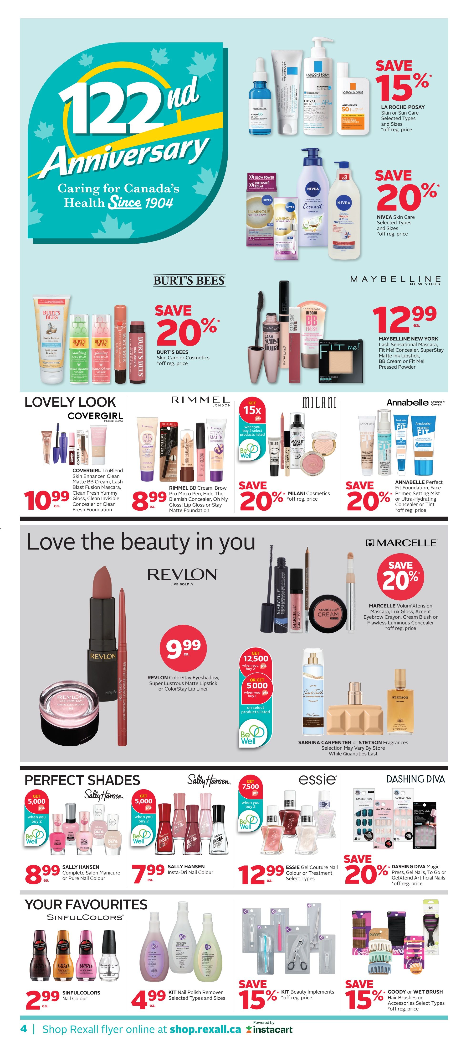 Rexall flyer page 9 featuring a 122nd Anniversary celebration. Offers include Save 15% on La Roche-Posay Skin or Sun Care, Save 20% on Nivea Skin Care, and Save 20% on Burt's Bees Skin Care or Cosmetics. Maybelline New York Lash Sensational Mascara, Fit Me Concealer, SuperStay Matte Ink Lipstick, BB Cream, or Fit Me Pressed Powder are $12.99. Covergirl TruBlend Skin Enhancer, Clean Matte BB Cream, Lash Blast Fusion Mascara, Clean Fresh Luminious Gloss, or Clean Fresh Foundation are $10.99. Rimmel London BB Cream, Brow Pro Micro Pen, Hide The Blemish Concealer, Oh My Gloss! Lip Gloss, or Stay Matte Foundation are $8.99. Save 20% on Milani Cosmetics. Save 20% on Annabelle Perfect Fit Foundation, Face Primer, Setting Mist, or Ultra-Hydrating Concealer or Tint. Revlon ColorStay Eyeshadow, Super Lustrous Matte Lipstick, or ColorStay Lip Liner are $9.99. Get 12,500 Be Well points when you buy 2 or 5,000 Be Well points when you buy 1 on select Revlon products. Sabrina Carpenter or Stetson Fragrances are available while quantities last. Sally Hansen Complete Salon Manicure or Pure Nail Colour are $8.99. Sally Hansen Insta-Dri Nail Colour are $7.99. Essie Gel Couture Nail Colour or Treatment are $12.99. Save 20% on Dashing Diva Magic Press, Gel Nails, To Go or GelXtend Artificial Nails. Sinfulcolors Nail Colour are $2.99. Kit Nail Polish Remover (Selected Types and Sizes) are $4.99. Save 15% on Kit Beauty Implements. Save 15% on Goody or Wet Brush Hair Brushes or Accessories (Selected Types).