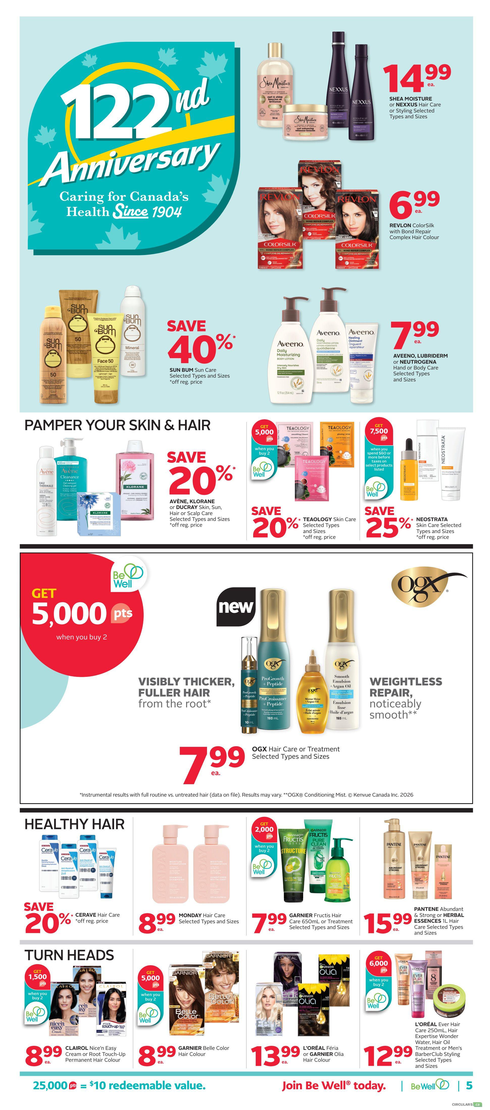 Rexall flyer page 10 featuring a 122nd Anniversary celebration. Top section includes Shea Moisture or Nexxus Hair Care or Styling for $14.99 and Revlon ColorSilk with Bond Repair Complex Hair Colour for $6.99. Below, save 40% on Sun Bum Sun Care, selected types and sizes. Aveeno, Lubriderm or Neutrogena Hand or Body Care is $7.99. The 'Pamper Your Skin & Hair' section offers 20% off Avène, Klorane Skin, Sun, Hair or Scalp Care, selected types and sizes. Get 5,000 Be Well points when you buy 2 Tealogy Skin Care, selected types and sizes, which are 20% off. Save 25% on Neostrata Skin Care, selected types and sizes. New OGX Hair Care or Treatment, selected types and sizes, is $7.99, promoting visibly thicker, fuller hair. The 'Healthy Hair' section features 20% off Cerave Hair Care, selected types and sizes. Monday Hair Care, selected types and sizes, is $8.99. Garnier Fructis Hair Care 650mL or Treatment, selected types and sizes, is $7.99. Pantene Abundant Strength or Herbal Essences 1L Hair Care, selected types and sizes, is $15.99. The 'Turn Heads' section offers 1,500 Be Well points when you buy 2 Clairol Nice 'n Easy Cream or Root Touch-Up Permanent Hair Colour for $8.99. Get 5,000 Be Well points when you buy 2 Garnier Belle Color Hair Colour for $8.99. L'Oréal Féria or Garnier Olia Hair Colour is $13.99. Get 6,000 Be Well points when you buy 2 L'Oréal Ever Hair Care 250mL, Hair Expertise Wonder Water, Hair Oil Treatment or Men's Barberclub Styling, selected types and sizes, for $12.99. The flyer also highlights 25,000 points equals $10 redeemable value and encourages joining Be Well.