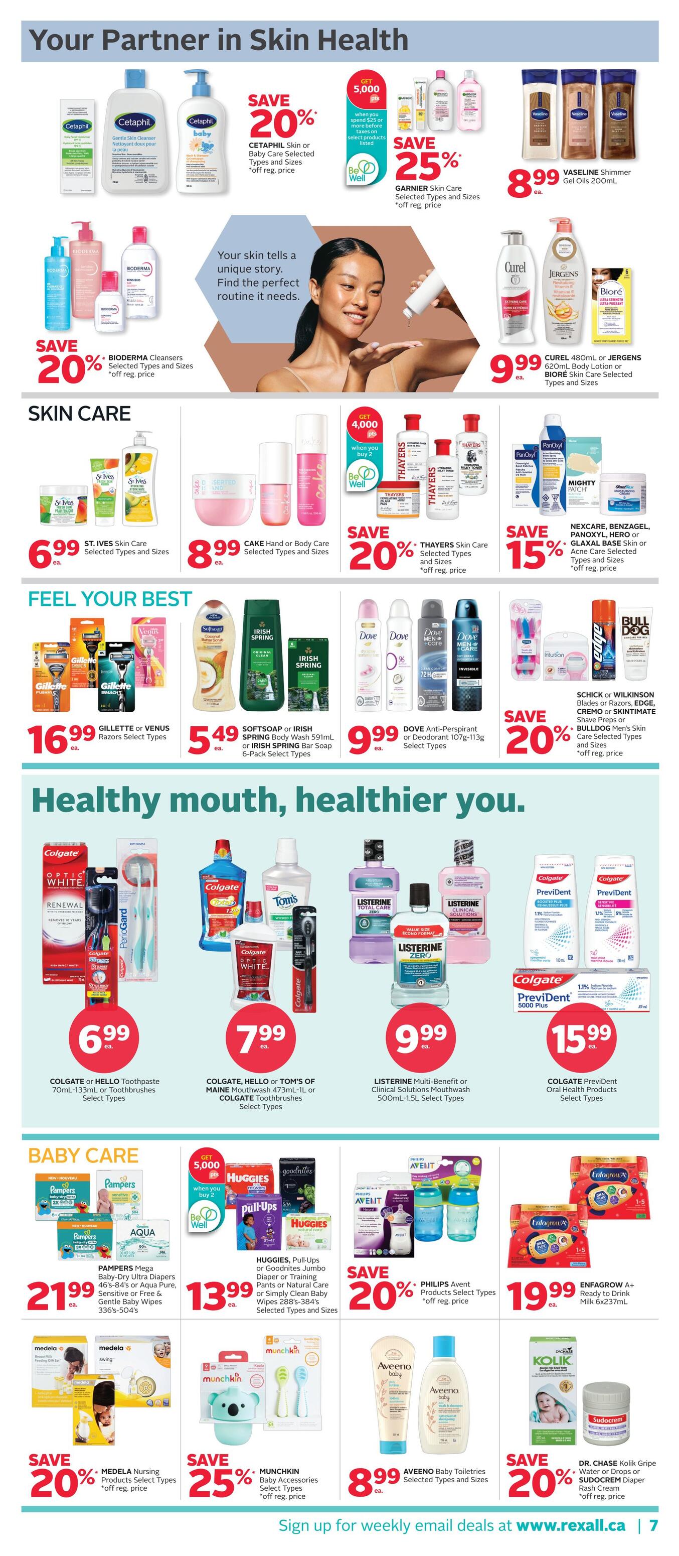 Rexall flyer page 12 featuring 'Your Partner in Skin Health' and 'Healthy mouth, healthier you.' sections. Skin care deals include Cetaphil Skin or Baby Care for 20% off, Garnier Skin Care for 25% off when you spend $15 or more, Vaseline Shimmer Gel Oils 200mL for $8.99, Bioderma Cleansers for 20% off, Curel 480mL Body Lotion or Jergens 620mL Body Lotion or Biore Skin Care for $9.99. Also featured are St. Ives Skin Care for $6.99, Cake Hand or Body Care for $8.99, Thayers Skin Care for 20% off, and Nexcare, Benzagel, Panoxyl, Hero or Glaxal Base Skin or Acne Care for 15% off. Feel Your Best deals include Gillette or Venus Razors for $16.99, Softsoap or Irish Spring Body Wash 591mL or Bar Soap 6-Pack for $5.49, Dove Anti-Perspirant or Deodorant 107g-113g for $9.99, and Schick or Wilkinson Blades or Razors, Edge, Cremo or Skintimate Shave Preps or Bulldog Men's Skin Care for 20% off. Oral care includes Colgate or Hello Toothpaste 70mL-133mL or Toothbrushes for $6.99, Colgate, Hello or Tom's of Maine Mouthwash 473mL-1L or Colgate Toothbrushes for $7.99, Listerine Multi-Benefit or Clinical Solutions Mouthwash 500mL-1.5L for $9.99, and Colgate Prevident Oral Health Products for $15.99. Baby Care offers include Pampers Mega Baby-Dry Ultra Diapers 46's-84's or Aqua Pure, Sensitive or Free & Gentle Baby Wipes 336's-504's for $21.99, Huggies, Pull-Ups or Goodnites Jumbo Diaper or Training Pants or Natural Care or Simply Clean Baby Wipes 288's-384's for $13.99, Philips Avent Products for 20% off, Enfagrow A+ Ready to Drink Milk 6x237mL for $19.99. Additional baby deals are Medela Nursing Products for 20% off, Munchkin Baby Accessories for 25% off, and Aveeno Baby Toiletries for $8.99. Dr. Chase Kolik Gripe Water or Drops or Sudocrem Diaper Rash Cream are 20% off.