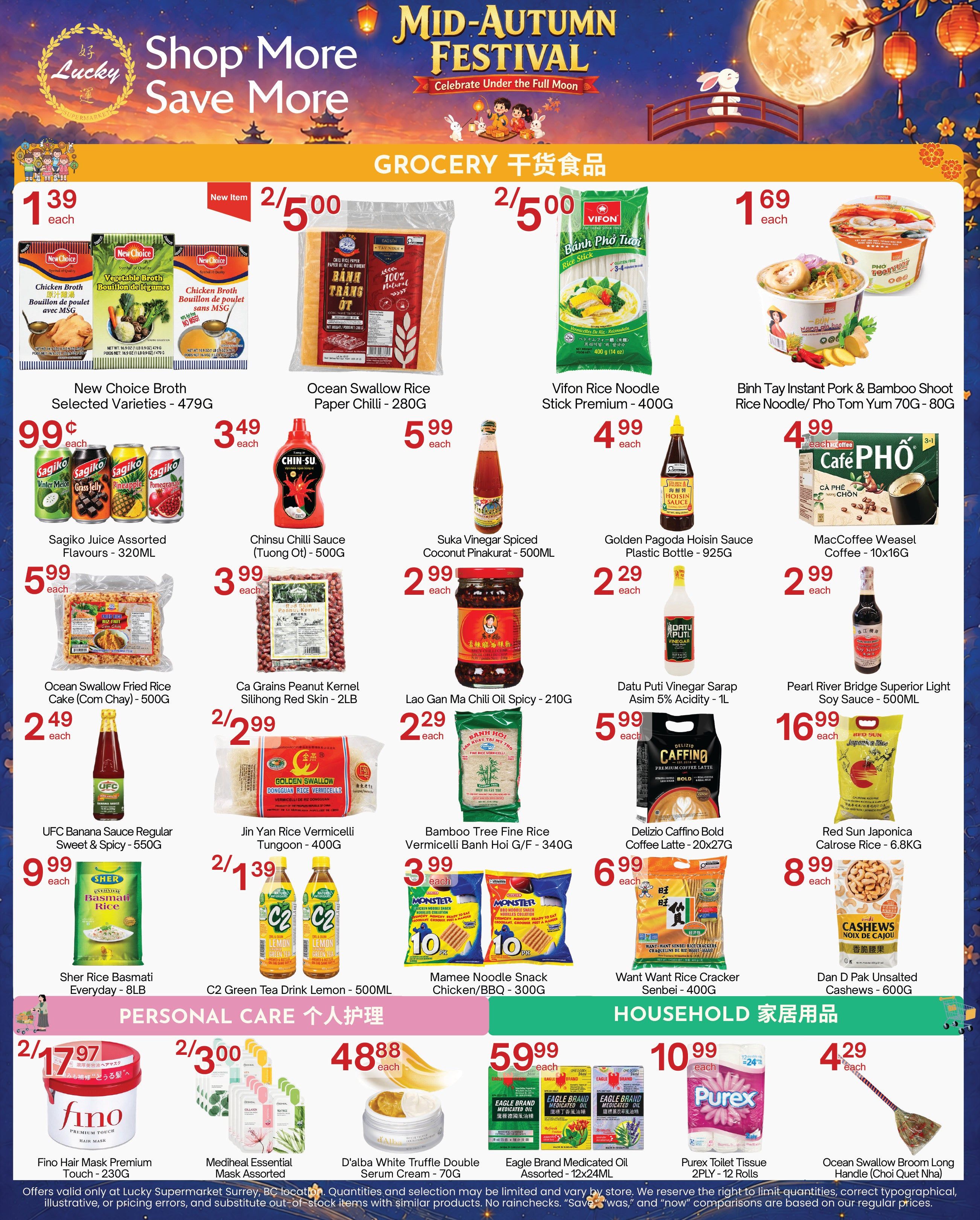 Lucky Supermarket weekly flyer specials for Page 2, featuring a Mid-Autumn Festival theme. Grocery items include New Choice Broth Selected Varieties for $1.39 each, Ocean Swallow Rice Paper Chilli for $2/5.00, Vifon Rice Noodle Stick Premium - 400G for $2/5.00, and Binh Tay Instant Pork & Bamboo Shoot Rice Noodle/Pho Tom Yum 70G - 80G for $1.69 each. Also featured are Sagiko Juice Assorted Flavours - 320ML for $0.99 each, Chinsu Chilli Sauce (Tuong Ot) - 500G for $3.49 each, Suka Vinegar Spiced Coconut Pinakurat - 500ML for $5.99 each, and Golden Pagoda Hoisin Sauce Plastic Bottle - 925G for $4.99 each. MacCoffee Weasel Coffee - 10x16G is $2.99 each. Ocean Swallow Fried Rice Cake (Com Chay) - 500G is $2.49 each, Ca Grains Peanut Kernel Silihong Red Skin - 2LB is $2/2.99, and Lao Gan Ma Chili Oil Spicy - 210G is $2.29 each. Datu Puti Vinegar Sarap Asim 5% Acidity - 1L is $5.99 each. UFC Banana Sauce Regular Sweet & Spicy - 550G is $9.99 each, Jin Yan Rice Vermicelli Tungoon - 400G is $2/1.39, and Bamboo Tree Fine Rice Vermicelli Banh Hoi G/F - 340G is $3.99 each. Delizio Caffino Bold Coffee Latte - 20x27G is $6.99 each. Red Sun Japonica Calrose Rice - 6.8KG is $16.99 each. C2 Green Tea Drink Lemon - 500ML is $2/1.39. Mamee Noodle Snack Chicken/BBQ - 300G is $3.99 each. Want Want Rice Cracker Senbei - 400G is $6.99 each. Dan D Pak Unsalted Cashews - 600G is $8.99 each. Personal Care items include Fino Hair Mask Premium Touch - 230G for $2/17.97, Mediheal Essential Mask Assorted for $2/3.00, and D'alba White Truffle Double Serum Cream - 70G for $48.88 each. Household items include Eagle Brand Medicated Oil Assorted - 12x24ML for $10.99 each, Purex Toilet Tissue 2PLY - 12 Rolls for $4.29 each, and Ocean Swallow Broom Long Handle (Choi Quet Nha) is not priced. Offers valid only at Lucky Supermarket Surrey, BC location.