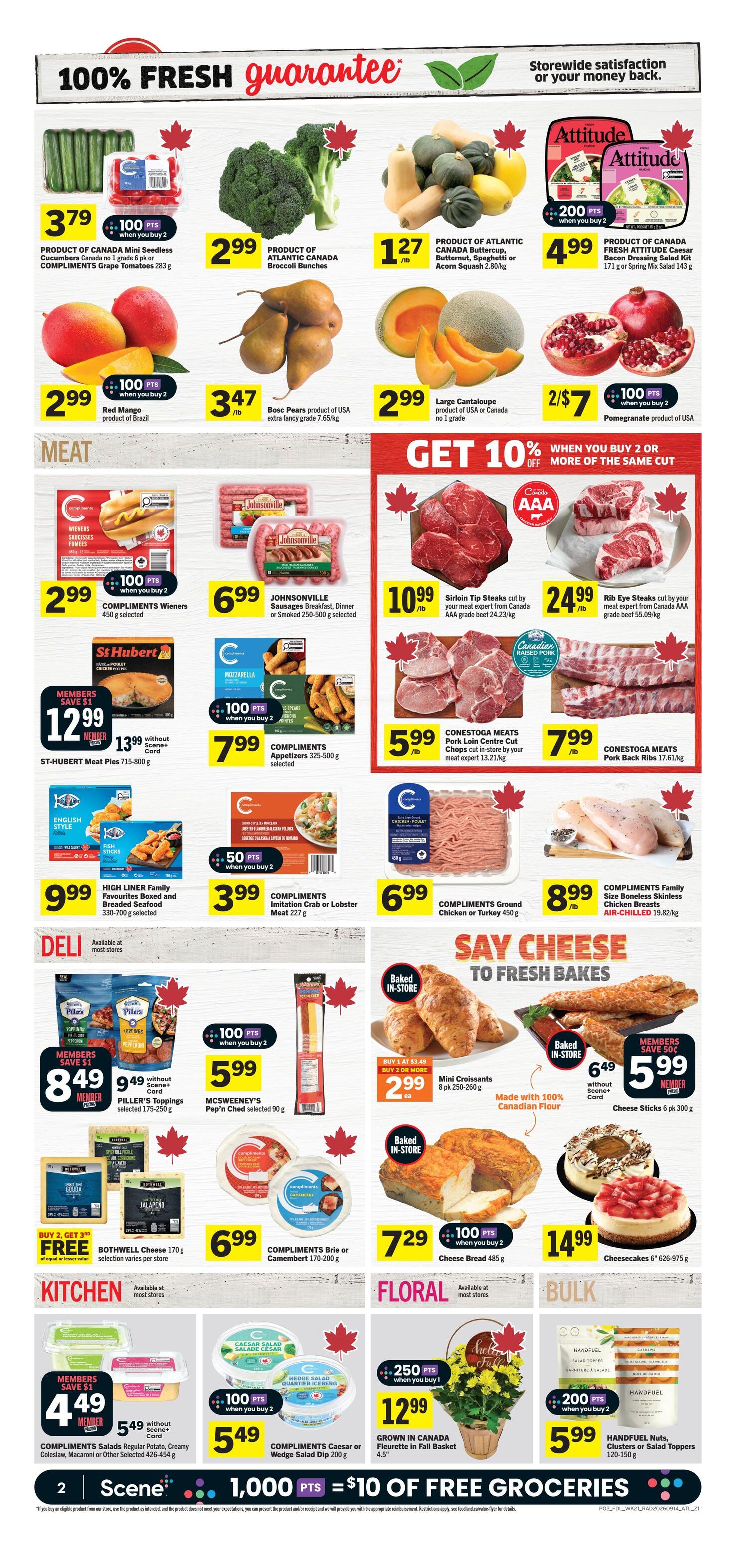 Foodland weekly flyer specials page 3 featuring a 100% fresh guarantee. Produce highlights include COMPLIMENTS Grape Tomatoes for $3.79, Broccoli Bunches for $2.99, Atlantic Canada Butternut, Spaghetti or Acorn Squash for $1.27/lb, Red Mango for $2.99 when you buy 2, Bosc Pears for $3.47/lb, Large Cantaloupe for $2.99, and Pomegranate for 2 for $7. Meat specials include COMPLIMENTS Wieners for $2.99 when you buy 2, JOHNSONSVILLE Sausages for $6.99, Sirloin Tip Steaks for $10.99/lb, Rib Eye Steaks for $24.99/lb, CONESTOGA MEATS Pork Loin Centre Cut Chops for $5.99/lb, CONESTOGA MEATS Pork Back Ribs for $7.99/lb, and COMPLIMENTS Ground Chicken or Turkey for $6.99. Also featured are ST-HUBERT Meat Pies for $12.99 (member price) or $13.99 without Scene+ card, COMPLIMENTS Appetizers for $7.99, HIGH LINER Family Favourites Boxed and Breaded Seafood for $9.99, COMPLIMENTS Imitation Crab or Lobster Meat for $3.99, and COMPLIMENTS Family Size Boneless Skinless Chicken Breasts for $8.99/lb. Deli offers include PILLER'S Toppings for $8.49 (member price) or $9.49 without Scene+ card, and MCSWEENEY'S Pep'n Ched for $5.99. Baked goods include Mini Croissants for $2.99 when you buy 2 or more, and Cheese Sticks for $5.99 (member price) or $6.49 without Scene+ card. Kitchen items include BOTHWEL Cheese for buy 2 get 3rd free. Other items include COMPLIMENTS Brie or Camembert for $6.99, COMPLIMENTS Caesar or Wedge Salad Dip for $5.49 when you buy 2, and CHEESE BREAD for $7.29. Floral features GROWN IN CANADA Fleurrette in Fall Basket for $12.99. Bulk items include HANDFUL Nuts, Clusters or Salad Toppers for $5.99 when you buy 2. The flyer also highlights 1,000 points = $10 of free groceries.