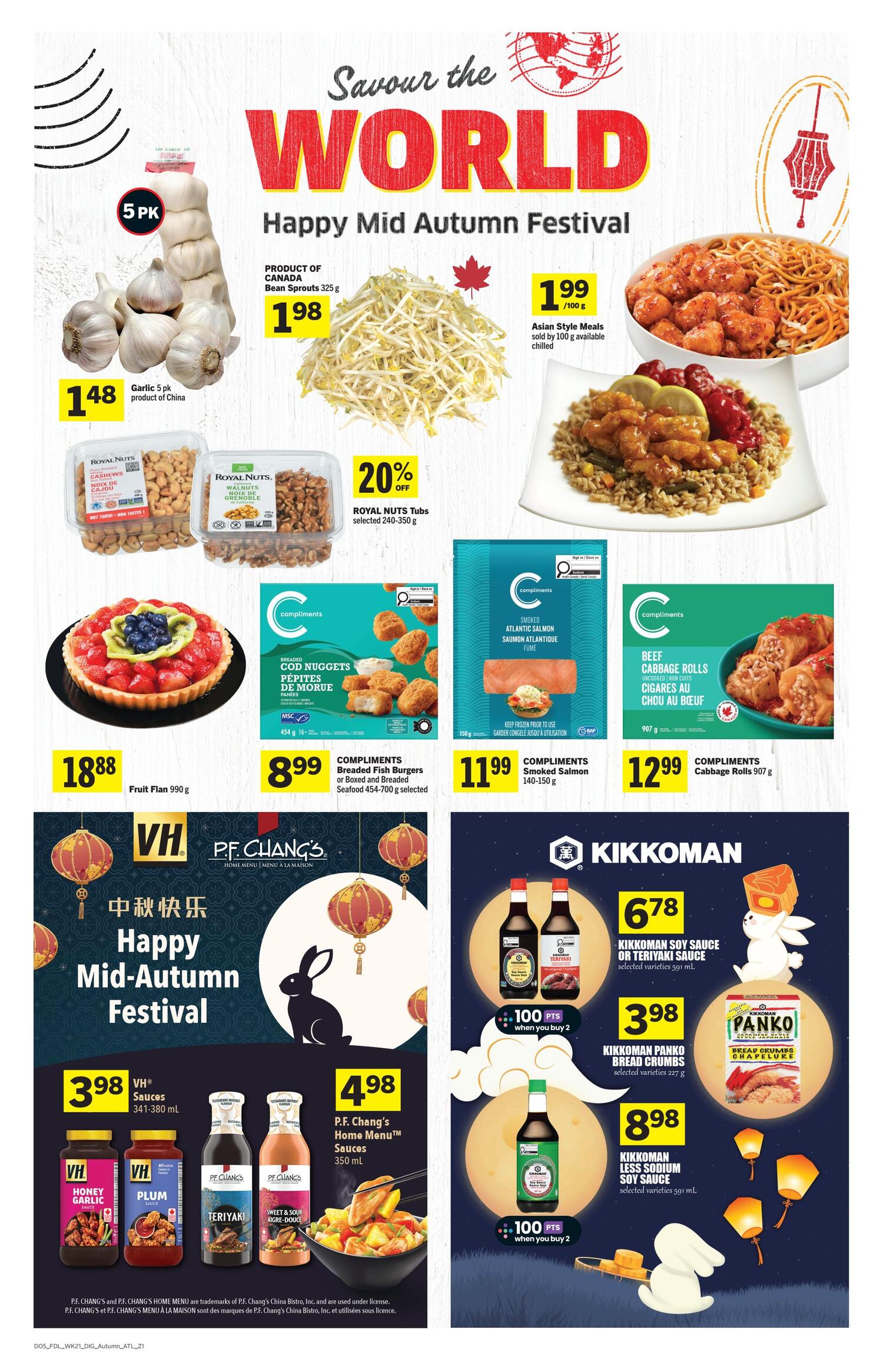 Foodland Newfoundland flyer page 9 features a 'Happy Mid-Autumn Festival' theme. Featured items include Garlic 5 pk for $1.48, Bean Sprouts 325 g for $1.98, and Asian Style Meals for $1.99 per 100 g. Also on sale are Royal Nuts Tubs selected varieties 240-350 g with 20% off. Compliments Breaded Fish Burgers or Boxed and Breaded Seafood 454-700 g are $8.99. Compliments Atlantic Salmon 140-150 g is $11.99, and Compliments Beef Cabbage Rolls 907 g are $12.99. A Fruit Flan 990 g is priced at $18.88. The flyer also highlights VH Sauces 341-380 ml for $3.98 and P.F. Chang's Home Menu Sauces 350 mL for $4.98. Kikkoman offers Soy Sauce or Teriyaki Sauce 591 mL for $6.78, Panko Bread Crumbs selected varieties 227 g for $3.98, and Less Sodium Soy Sauce 591 mL for $8.98. Special offers include 100 points when you buy 2 Kikkoman Soy Sauce or Teriyaki Sauce, and 100 points when you buy 2 Kikkoman Less Sodium Soy Sauce.
