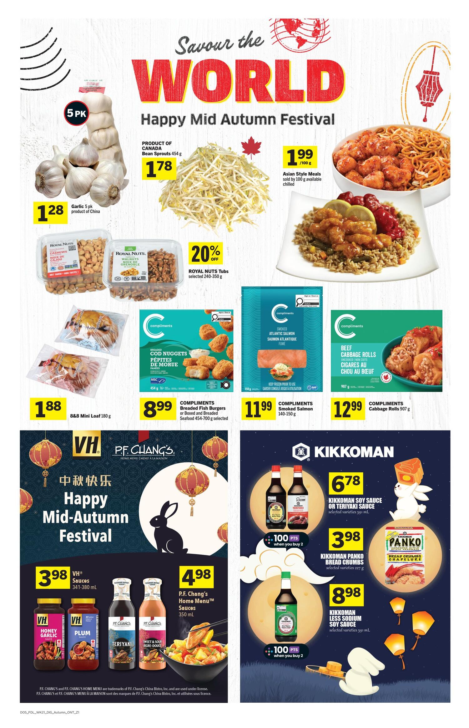 Foodland Ontario flyer, Page 9, featuring 'Savour the World Happy Mid-Autumn Festival' specials. Highlights include: Garlic 5 pk product of China for $1.28, Bean Sprouts 454 g for $1.78, Asian Style Meals for $1.99/100 g, Royal Nuts Tubs selected 240-350 g with 20% off, B&B Mini Loaf 180 g for $1.88. Compliments products: Breaded Fish Burgers or Boxed and Breaded Seafood 454-700 g selected for $8.99, Cod Nuggets 454 g for $8.99, Atlantic Salmon 140-150 g for $11.99, and Beef Cabbage Rolls 907 g for $12.99. Also featured are VH Sauces 341-380 mL for $3.98, and P.F. Chang's Home Menu Sauces 350 mL for $4.98. Kikkoman products: Soy Sauce or Teriyaki Sauce selected varieties 591 mL for $6.78 (earn 100 points when you buy 2), Panko Bread Crumbs selected varieties 227 g for $3.98, and Less Sodium Soy Sauce selected varieties 591 mL for $8.98 (earn 100 points when you buy 2).