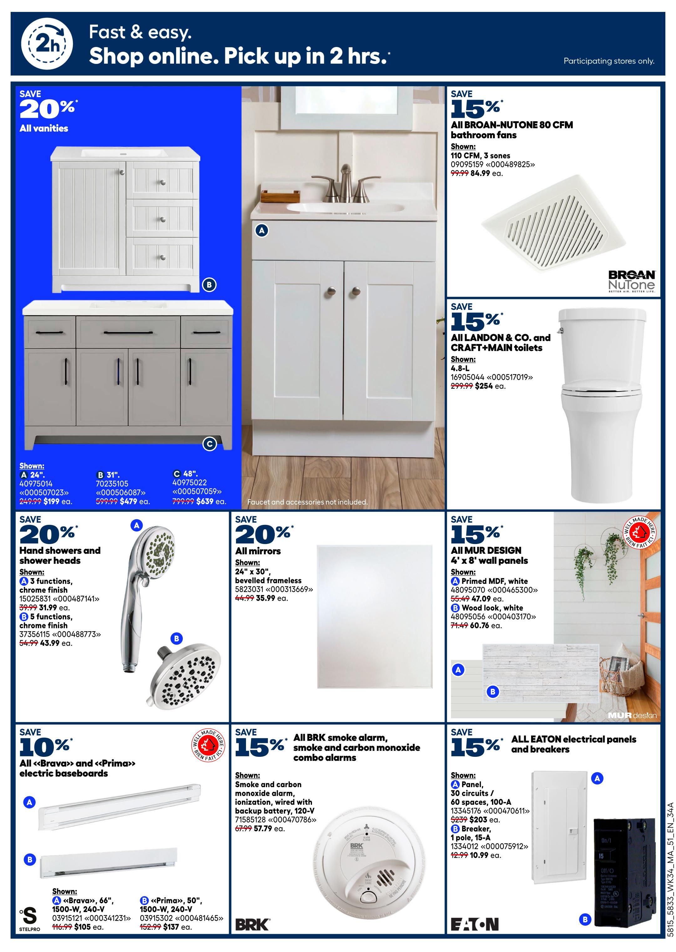 Rona Atlantic Canada flyer page 4 features a 20% discount on all vanities, including a 24-inch vanity for $199, a 31-inch vanity for $479, and a 48-inch vanity for $639. Save 15% on all Broan-NuTone 80 CFM bathroom fans, with a 110 CFM, 3 sone model shown for $84.99. Also, save 15% on all Landon & Co. and Craft+Main toilets, with a 4.8-L flush model for $254. Get 20% off hand showers and shower heads, with a 3-function chrome finish model for $31.99 and a 5-function chrome finish model for $43.99. Save 20% on all mirrors, featuring a 24' x 30' bevelled frameless mirror for $35.99. Save 15% on all Mur Design 4' x 8' wall panels, including Primed MDF white for $47.09 and Wood look white for $60.76. Save 10% on all 'Brava' and 'Prima' electric baseboards, with a 66-inch, 1500-W, 240-V model for $105 and a 50-inch, 1500-W, 240-V model for $137. Save 15% on all BRK smoke, fire, and carbon monoxide combo alarms, with a wired ionization model for $57.79. Finally, save 15% on all Eaton electrical panels and breakers, including a 30 circuits / 60 spaces, 100-A panel for $203 and a 1 pole, 15-A breaker for $10.99.