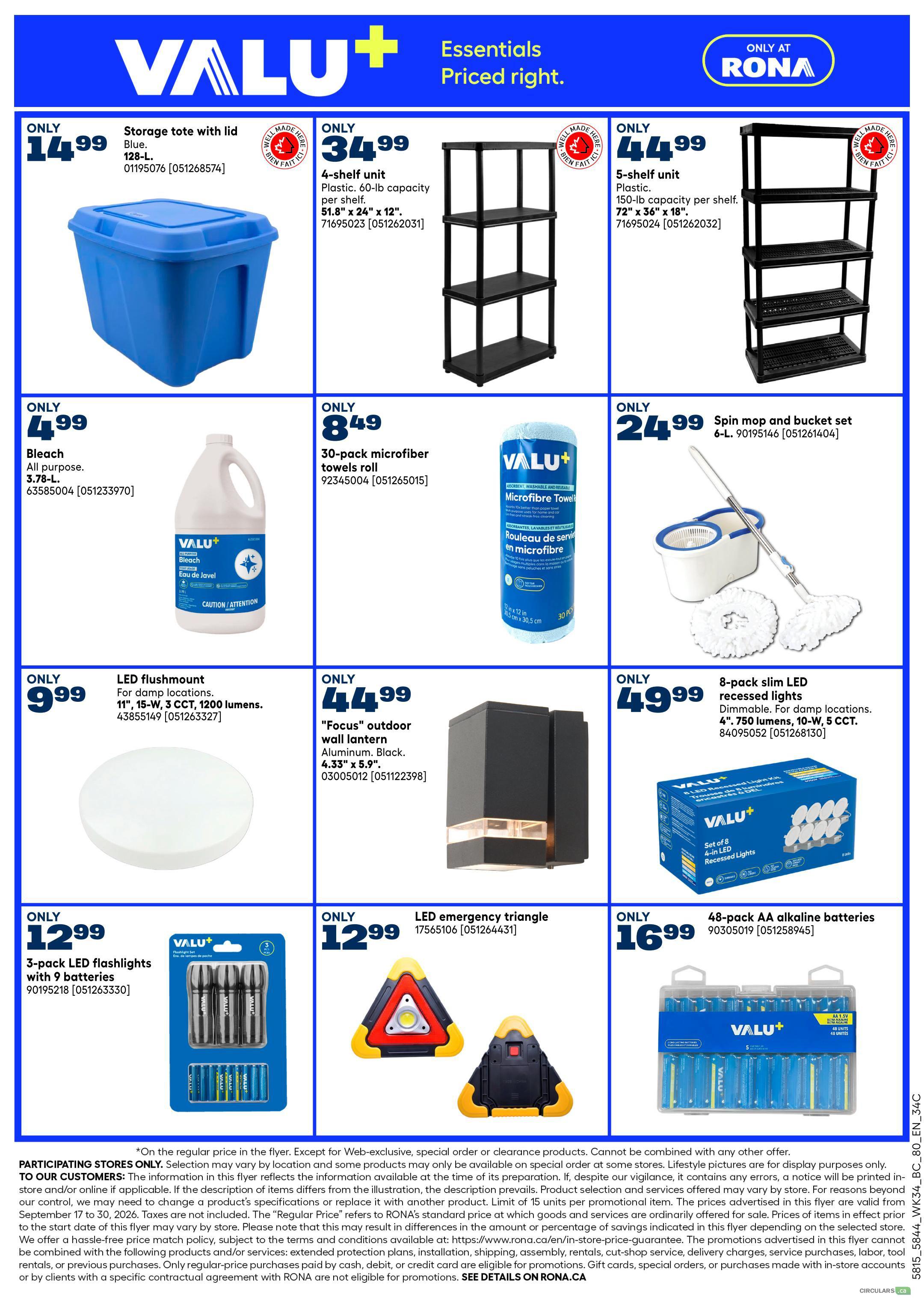 Page 5 of the Rona flyer featuring Valu+ Essentials. On sale are a blue storage tote with lid for $14.99, a 4-shelf unit for $34.99, and a 5-shelf unit for $44.99. Also available is a 3.78-L bottle of all-purpose bleach for $4.99, a 30-pack of microfiber towels for $8.49, and a 6-L spin mop and bucket set for $24.99. Lighting options include an LED flushmount for $9.99, a 'Focus' outdoor wall lantern in black for $44.99, and an 8-pack of slim LED recessed lights for $49.99. Other deals include a 3-pack of LED flashlights with 9 batteries for $12.99, an LED emergency triangle for $12.99, and a 48-pack of AA alkaline batteries for $16.99.