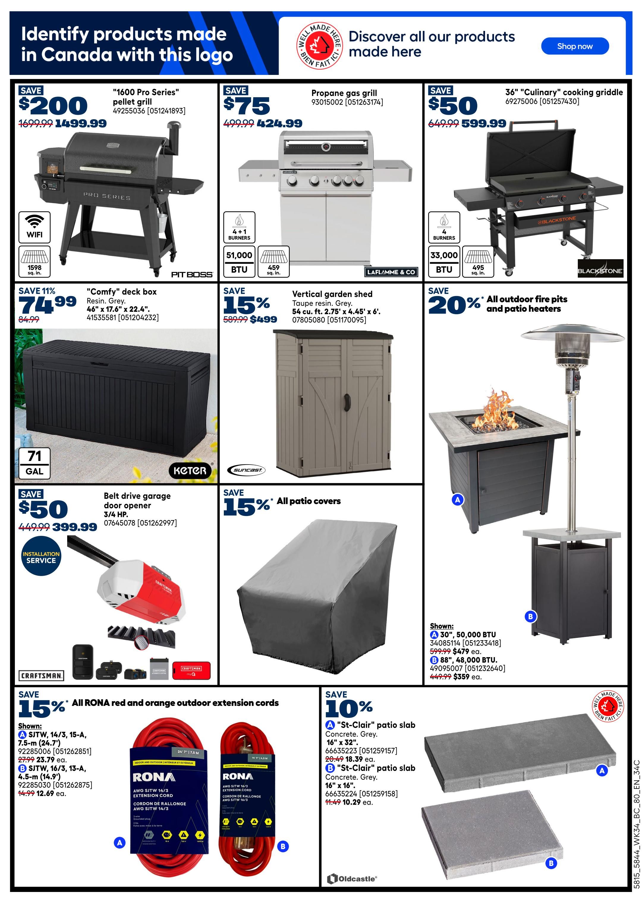 Rona flyer page 12 features a '1600 Pro Series' pellet grill, saving $200, now $1,299.99. A propane gas grill is on sale for $75 off, priced at $424.99. A 36' 'Culinary' cooking griddle is $50 off, selling for $599.99. Save 11% on a 'Comfy' deck box, now $74.99. A vertical garden shed in Taupe resin is 15% off, priced at $499. A belt drive garage door opener is $50 off, now $399.99. Save 20% on all outdoor fire pits and patio heaters. Also featured are RONA red and orange outdoor extension cords, with 15% off; a 24' 7' 7.5m SJTW, 14/3, 15-A cord is $23.79, and a 14/3, 4.5m cord is $12.69. 'St-Clair' patio slabs in Concrete Grey are 10% off; 16' x 32' slabs are $18.39, and 16' x 16' slabs are $10.29.