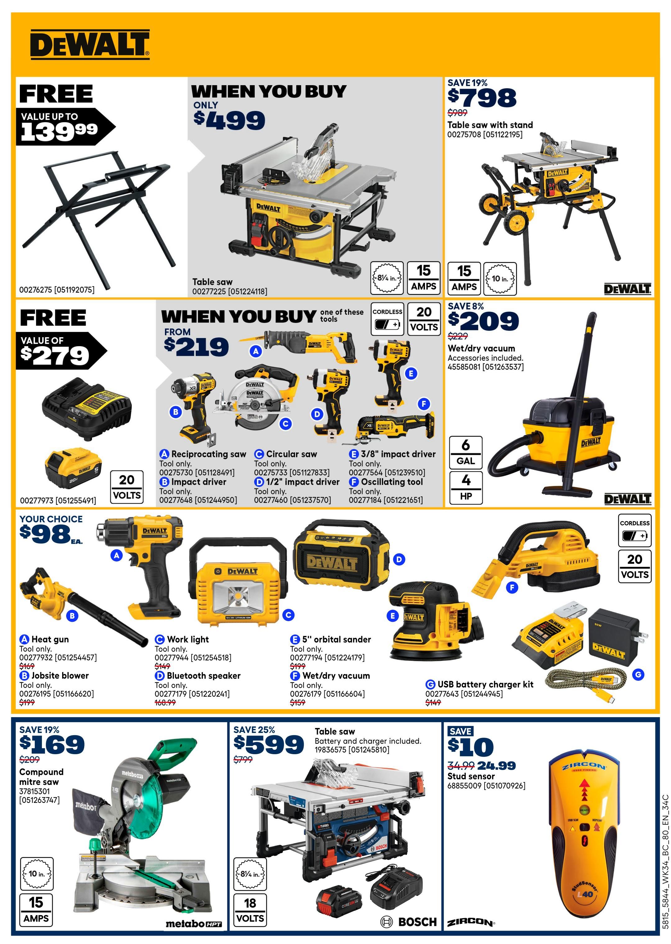Rona flyer page 15 featuring DeWalt tools and accessories. Get a FREE stand, valued up to $139.99, when you buy a table saw for only $499. Also, save 19% on a table saw with stand, now $798 (regularly $989). When you buy one of these tools, get a FREE wet/dry vacuum, accessories included, for $209 (save 8%, regularly $229). Choose from a heat gun for $98, jobsite blower for $199, work light for $149, Bluetooth speaker for $168.99, 5' orbital sander for $199, or wet/dry vacuum for $159. A USB battery charger kit is also available for $149. Save 19% on a Metabo compound mitre saw for $169 (regularly $209), featuring 15 amps and a 10-inch blade. Save 25% on a Bosch table saw with battery and charger included for $599 (regularly $799), featuring 18 volts. Get a Zircon stud sensor for $10 (save $24.99, regularly $34.99).