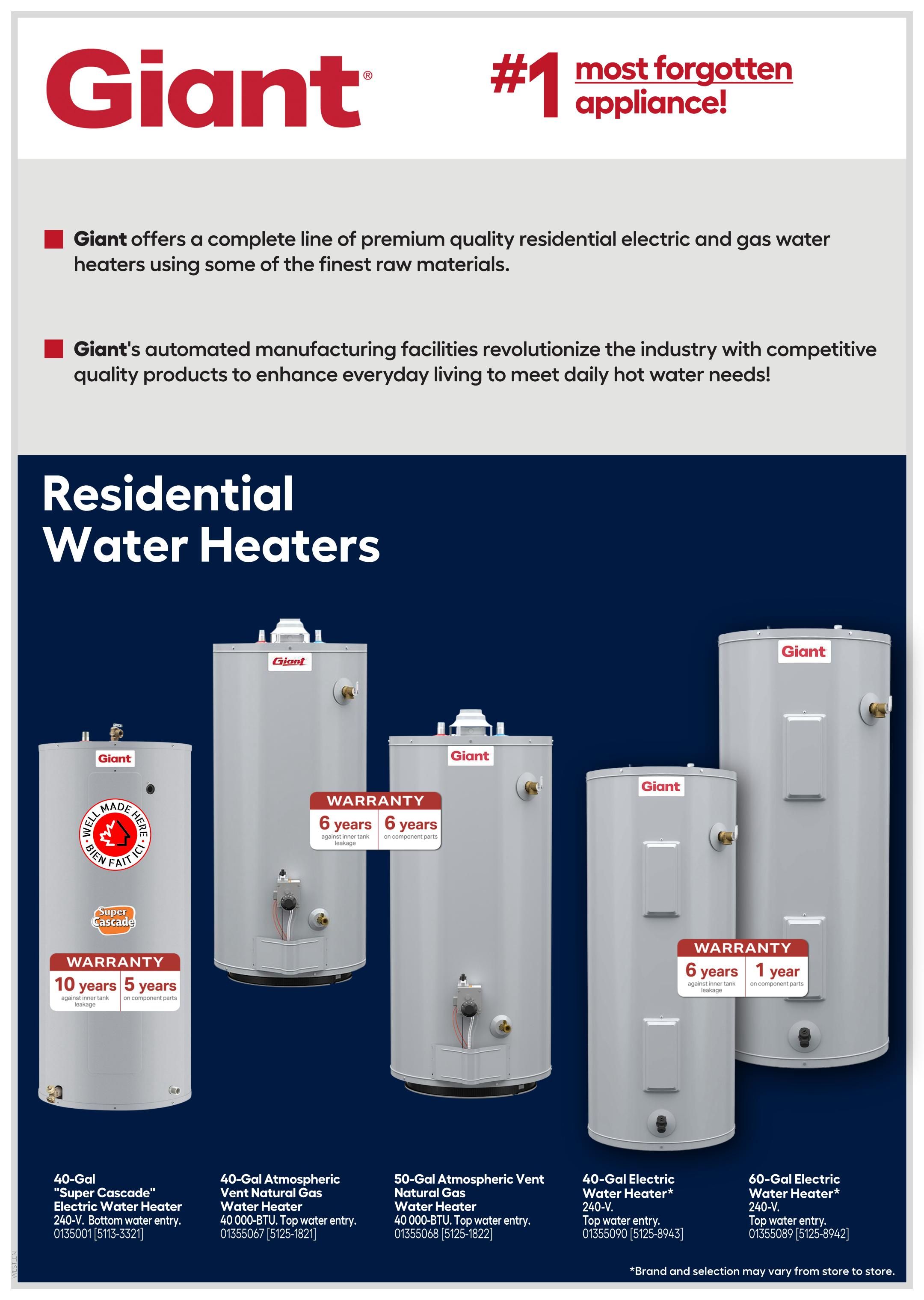 Giant brand residential water heaters page, featuring a selection of electric and gas models. Products include the 40-Gal 'Super Cascade' Electric Water Heater with 10-year tank and 5-year parts warranty, the 40-Gal Atmospheric Vent Natural Gas Water Heater with 6-year tank and 6-year parts warranty, the 50-Gal Atmospheric Natural Gas Water Heater, the 40-Gal Electric Water Heater with 6-year tank and 1-year parts warranty, and the 60-Gal Electric Water Heater. All models are 240-V with top or bottom water entry, and some are marked 'Made Here'. The page highlights Giant's commitment to quality and manufacturing excellence for daily hot water needs. This is page 21 of the Rona flyer.