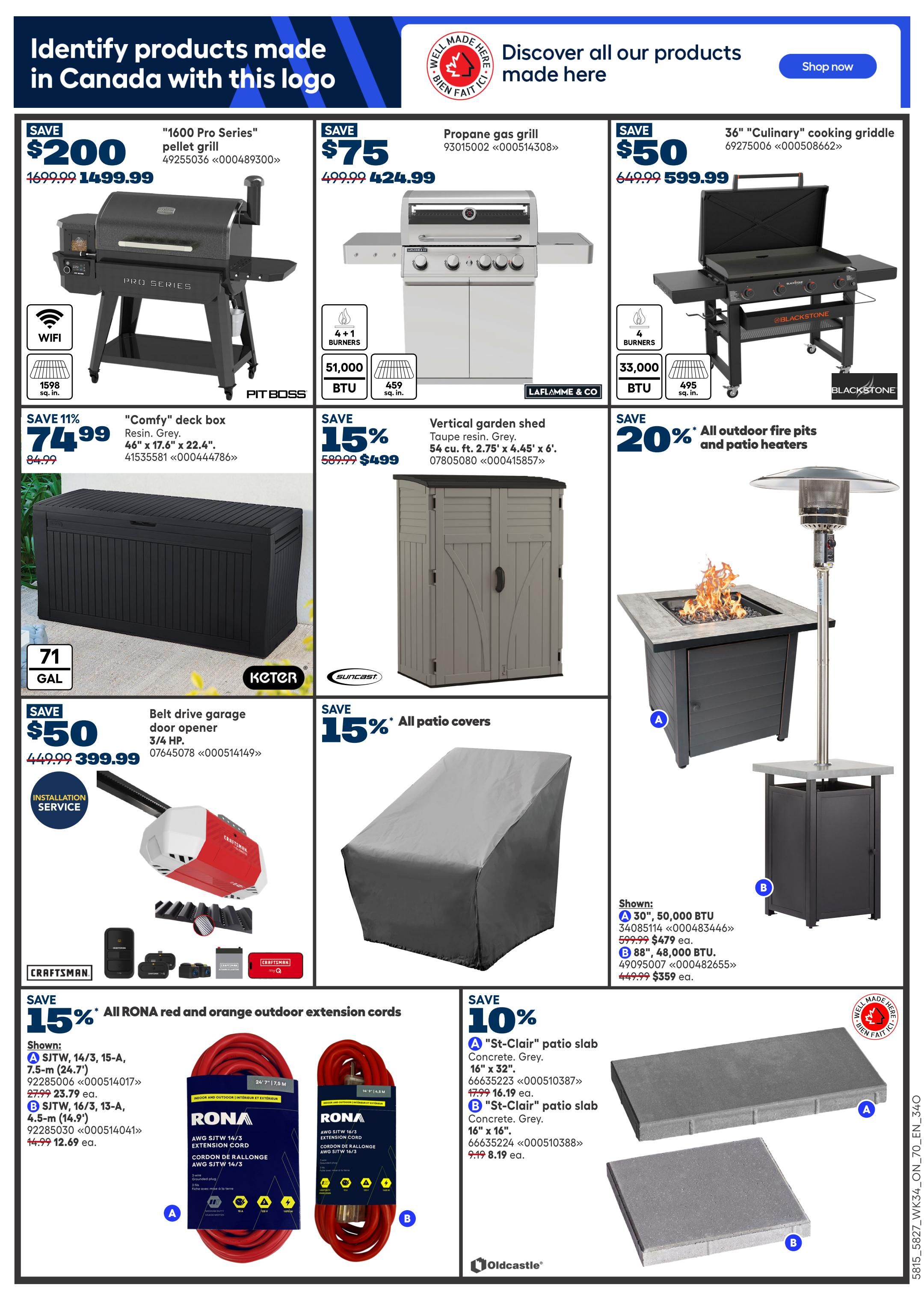 Page 12 of the Rona Ontario flyer features a selection of outdoor and home improvement products. Top row highlights include a '1600 Pro Series' pellet grill on sale for $1299.99 (save $200), a propane gas grill for $424.99 (save $75), and a 36' 'Culinary' cooking griddle for $599.99 (save $50). Middle row showcases a 'Comfy' deck box for $74.99 (save 11%), a vertical garden shed in taupe resin for $499 (save 15%), and a 20% discount on all outdoor fire pits and patio heaters. Bottom row features a Craftsman belt drive garage door opener for $399.99 (save $50), RONA red and orange outdoor extension cords with a 15% discount, and 'St-Clair' patio slabs in concrete grey for 10% off. Specific RONA extension cords shown are 24.7' 15-A for $23.79 and 14.9' 15-A for $12.69. The patio slabs are available in 32' for $16.19 and 16' for $8.19.
