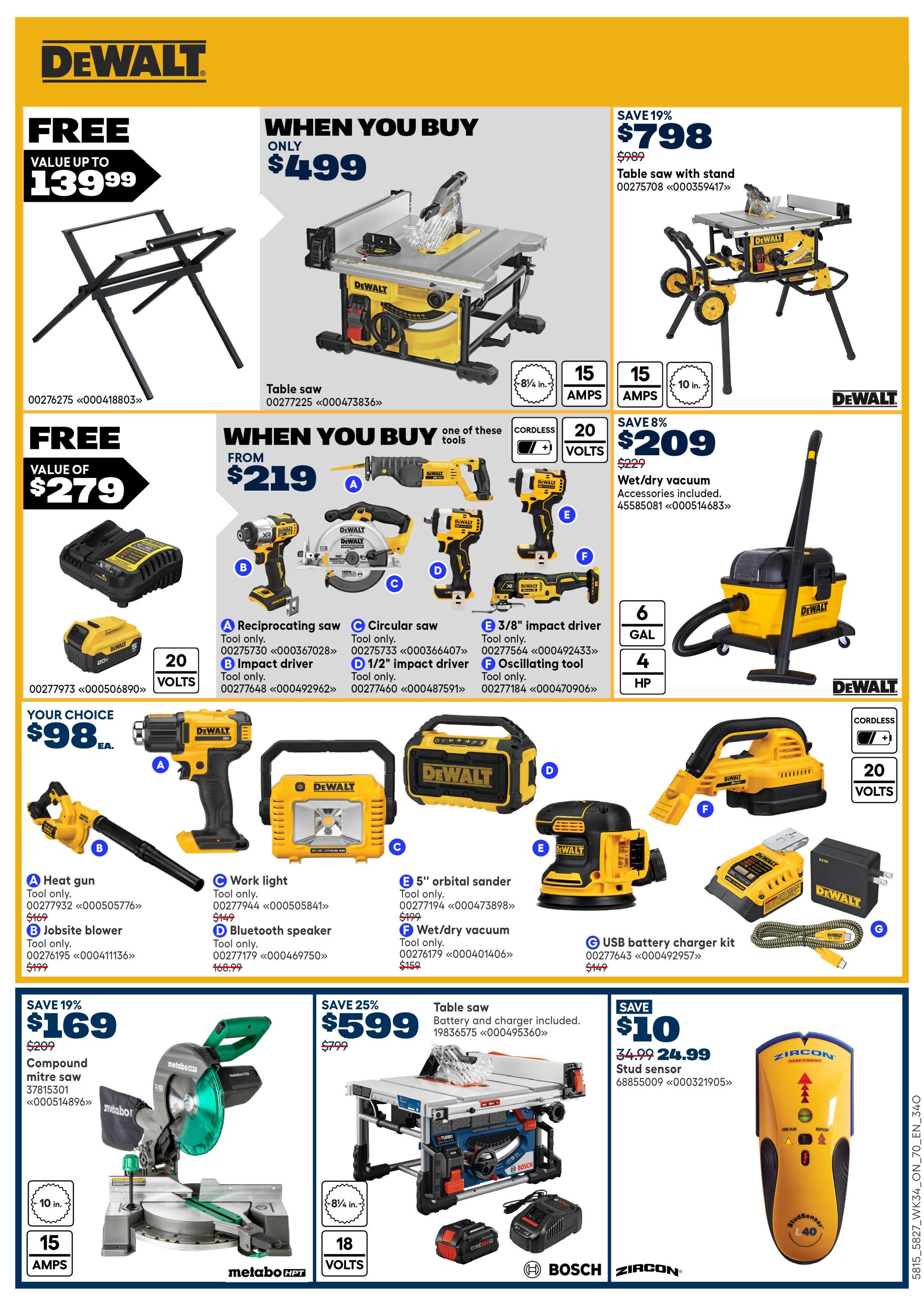 Rona weekly flyer specials page 15 features DeWalt power tools and accessories. Get a free stand, valued up to $139.99, when you buy a DeWalt table saw for only $499. Save 19% on a DeWalt table saw with stand, now $798 (regularly $989). When you buy one of the DeWalt tools starting from $219, get a free wet/dry vacuum, saving 8% (regularly $229). Featured tools include a reciprocating saw, circular saw, 1/2' impact driver, 3/8' impact driver, and oscillating tool, all 20-volt cordless. Your choice of a DeWalt heat gun, jobsite blower, work light, Bluetooth speaker, 5' orbital sander, or wet/dry vacuum for $98 each. Also available is a DeWalt USB battery charger kit for $5.49. Save 19% on a Metabo compound mitre saw for $169 (regularly $209), featuring 15 amps and a 10-inch blade. Save 25% on a Bosch table saw with battery and charger included for $599 (regularly $799), with an 18-volt system and 8-1/4 inch blade. A Zircon stud sensor is on sale for $24.99, saving $10 (regularly $34.99).