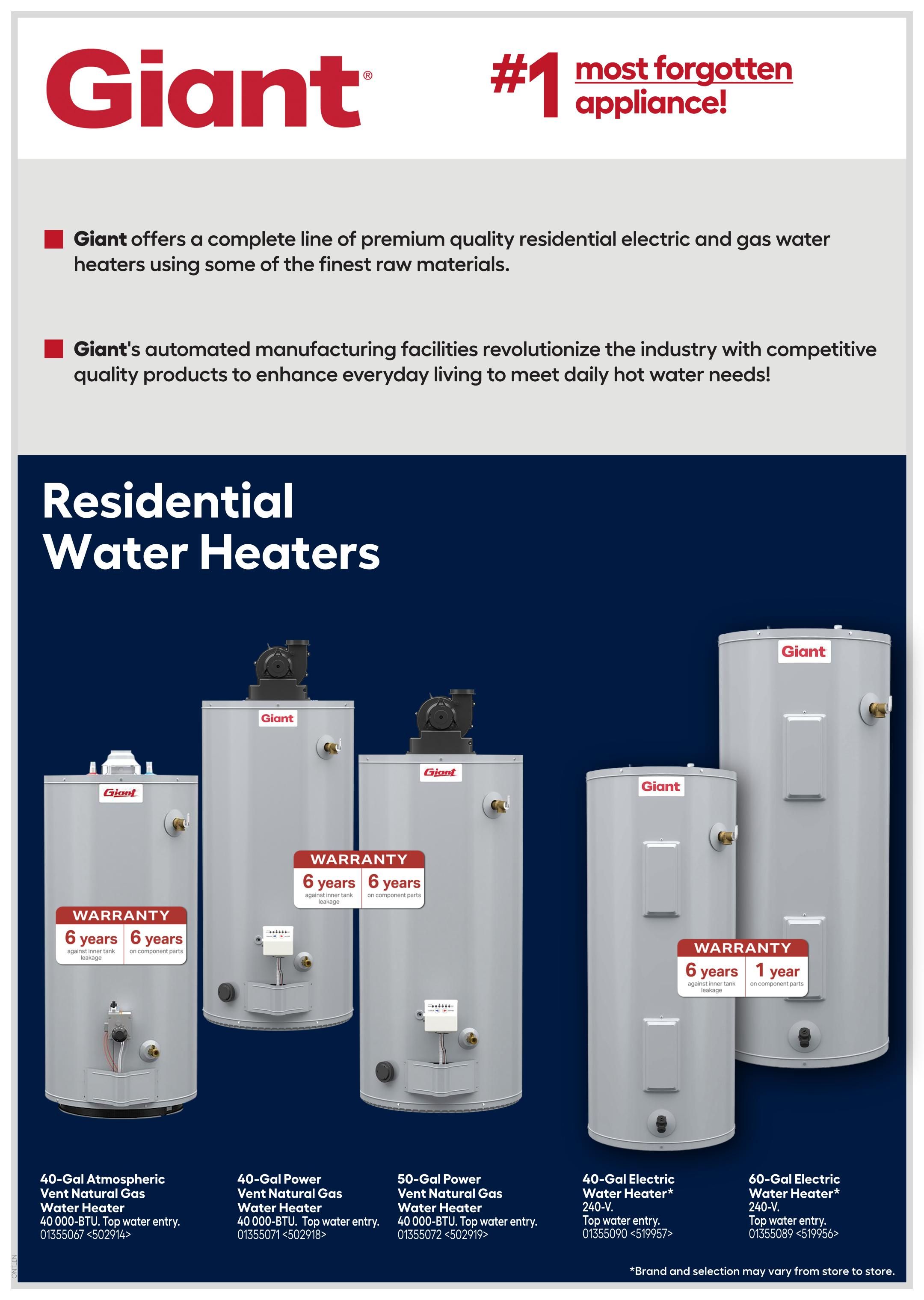 Giant brand residential water heaters featured on page 21 of the Rona flyer. Includes a 40-Gal Atmospheric Vent Natural Gas Water Heater with 40,000 BTU and top water entry, a 40-Gal Power Vent Natural Gas Water Heater with 40,000 BTU and top water entry, a 50-Gal Power Vent Natural Gas Water Heater with 40,000 BTU and top water entry, a 40-Gal Electric Water Heater 240-V with top water entry, and a 60-Gal Electric Water Heater 240-V with top water entry. Some models offer a 6-year warranty on the inner tank and 6 years on component parts, while others have a 6-year warranty on the inner tank and 1 year on component parts. Giant states they offer a complete line of premium quality residential electric and gas water heaters. Note that brand and selection may vary by store.