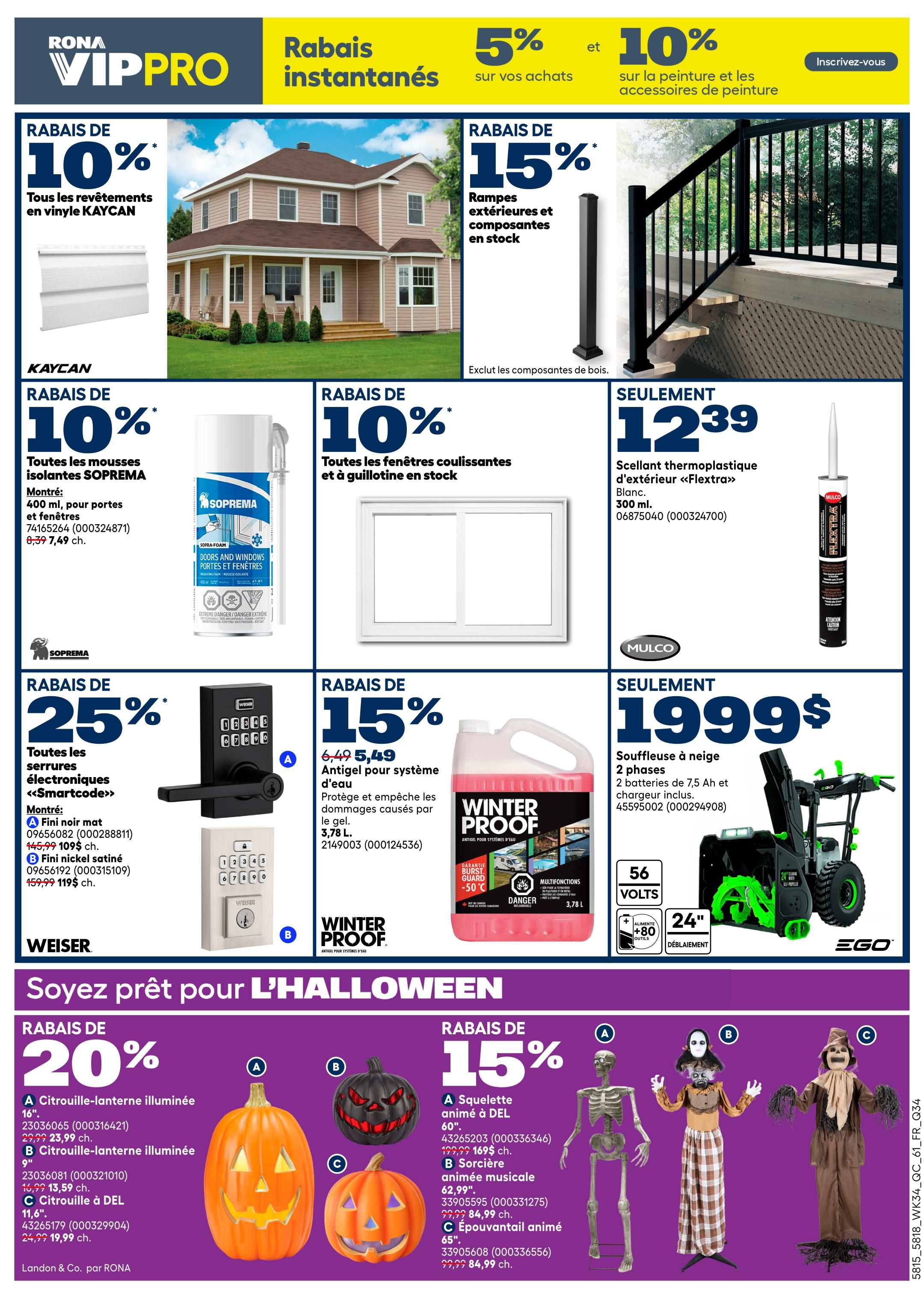 Rona VIPPRO flyer page 2 features instant savings. Get 10% off all KAYCAN vinyl siding. Save 10% on SOPREMA insulation foams, including 400 ml bottles for doors and windows at $7.49 each. Get 10% off all sliding and guillotine windows. Exterior ramps and components are 15% off. Mulco thermoplastic exterior sealant is only $12.39 for a 300 ml tube. Save 25% on all <<Smartcode>> electronic locks, with matte black and satin nickel finishes available starting at $109. Winter Proof antifreeze for water systems is on sale for $5.49, down from $6.49. An EGO 56-volt snow blower with 2 x 7.5 Ah batteries and charger is available for $1999. The flyer also highlights Halloween decorations with 20% off illuminated pumpkins, including a 16' pumpkin for $23.99 and a 9' pumpkin for $13.59, and a DEL pumpkin for $19.99. Get 15% off animated Halloween figures, including a 60' skeleton for $169, a musical animated sorceress for $84.99, and an animated scarecrow for $84.99.