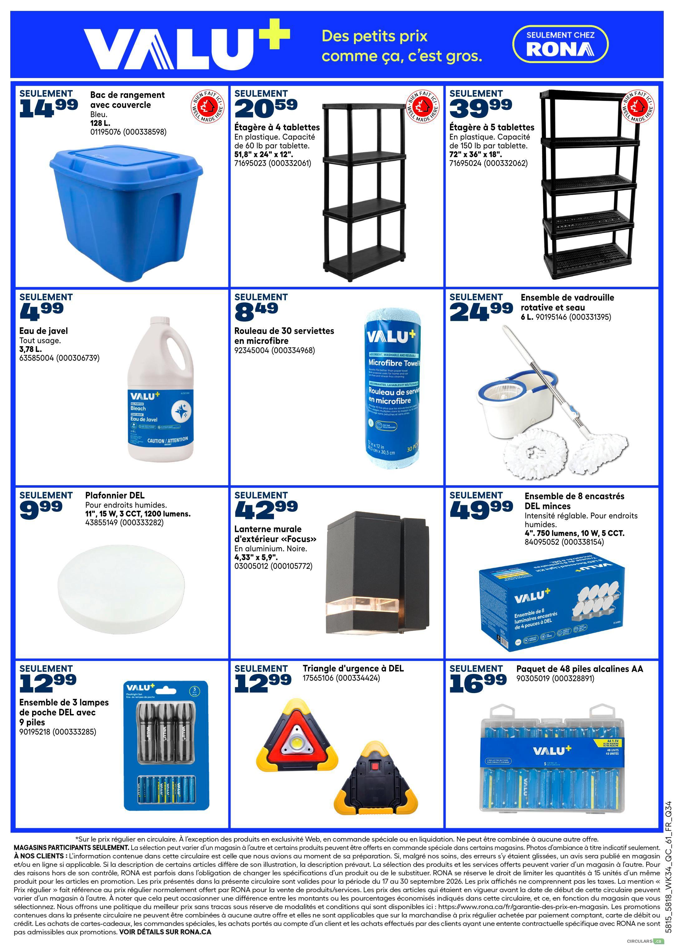 Rona weekly flyer specials page 5 features a blue 128 L storage bin with lid for $14.99, a 4-shelf plastic shelving unit for $20.59, and a 5-shelf plastic shelving unit for $39.99. Also available are a 3.78 L jug of bleach for $4.99, a 30-pack of microfiber cleaning cloths for $8.49, and a 6 L spin mop and bucket set for $24.99. Lighting options include an 11-inch, 15W LED ceiling fixture for damp locations at $9.99, a black outdoor 'Focus' wall lantern for $42.99, and a pack of 8 slim recessed LED pot lights for $49.99. Other items include a 3-pack of DEL flashlight bulbs with 9 batteries for $12.99, a DEL emergency triangle light for $12.99, and a 48-pack of AA alkaline batteries for $16.99.