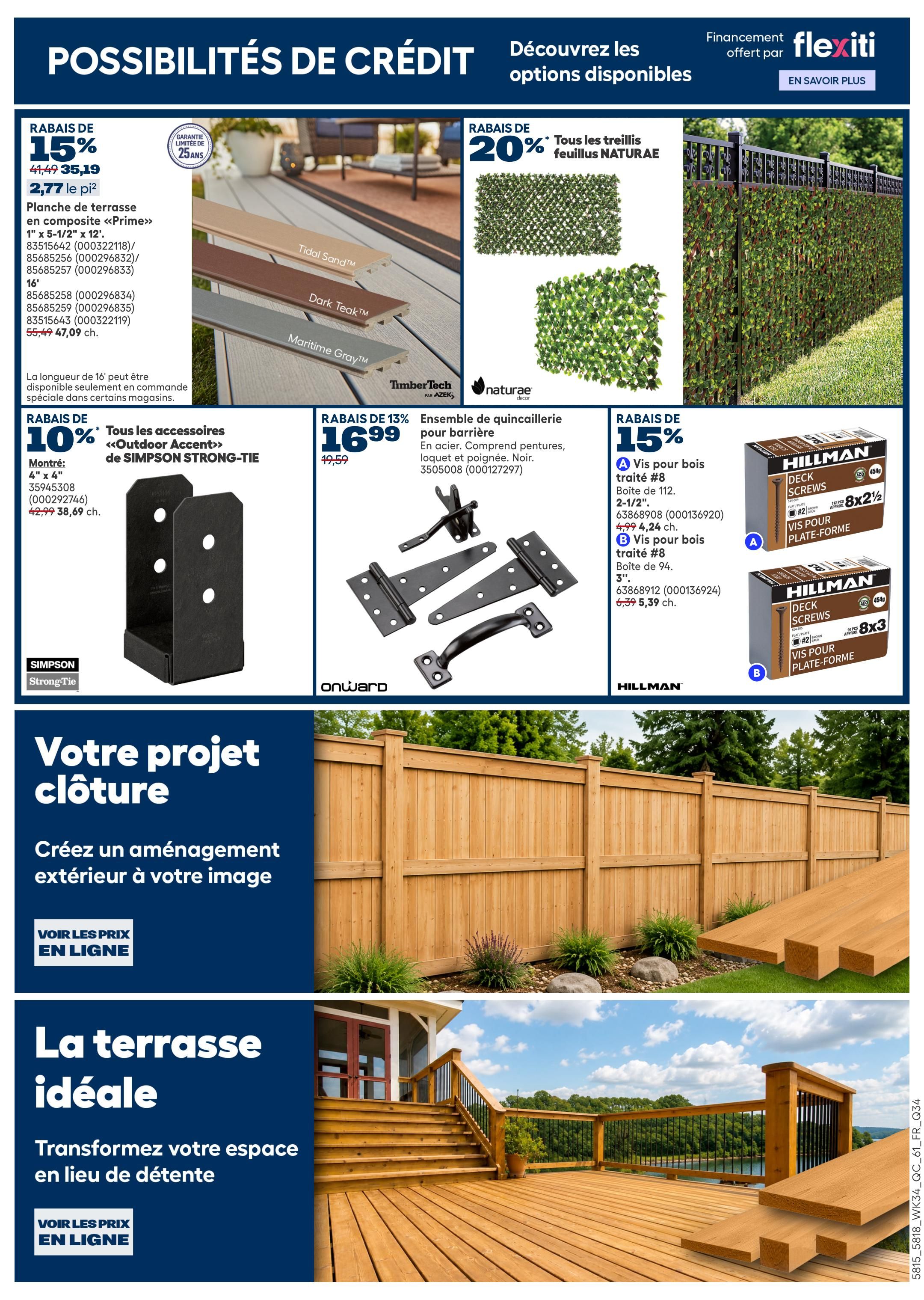 Rona Weekly Flyer Specials Page 13: Features financing options with Flexiti. Offers 15% off composite decking planks, available in Tidal Sand, Dark Teak, and Maritime Gray, priced at $35.19 from $41.49, or $2.77 per sq. ft. Also, 20% off Naturae leaf screening for privacy, and 10% off SIMPSON STRONG-TIE 'Outdoor Accent' accessories, including 4' x 4' brackets for $38.69 from $42.99. Additionally, find 13% off Onward gate hardware sets for $16.99 from $19.59, and 15% off Hillman deck screws: A) 8x2 1/2' screws (112 pcs) for $4.24 from $4.99, and B) 8x3' screws (94 pcs) for $5.39 from $6.39. The page also highlights 'Your fencing project' and 'The ideal deck' with calls to action to 'View prices online.