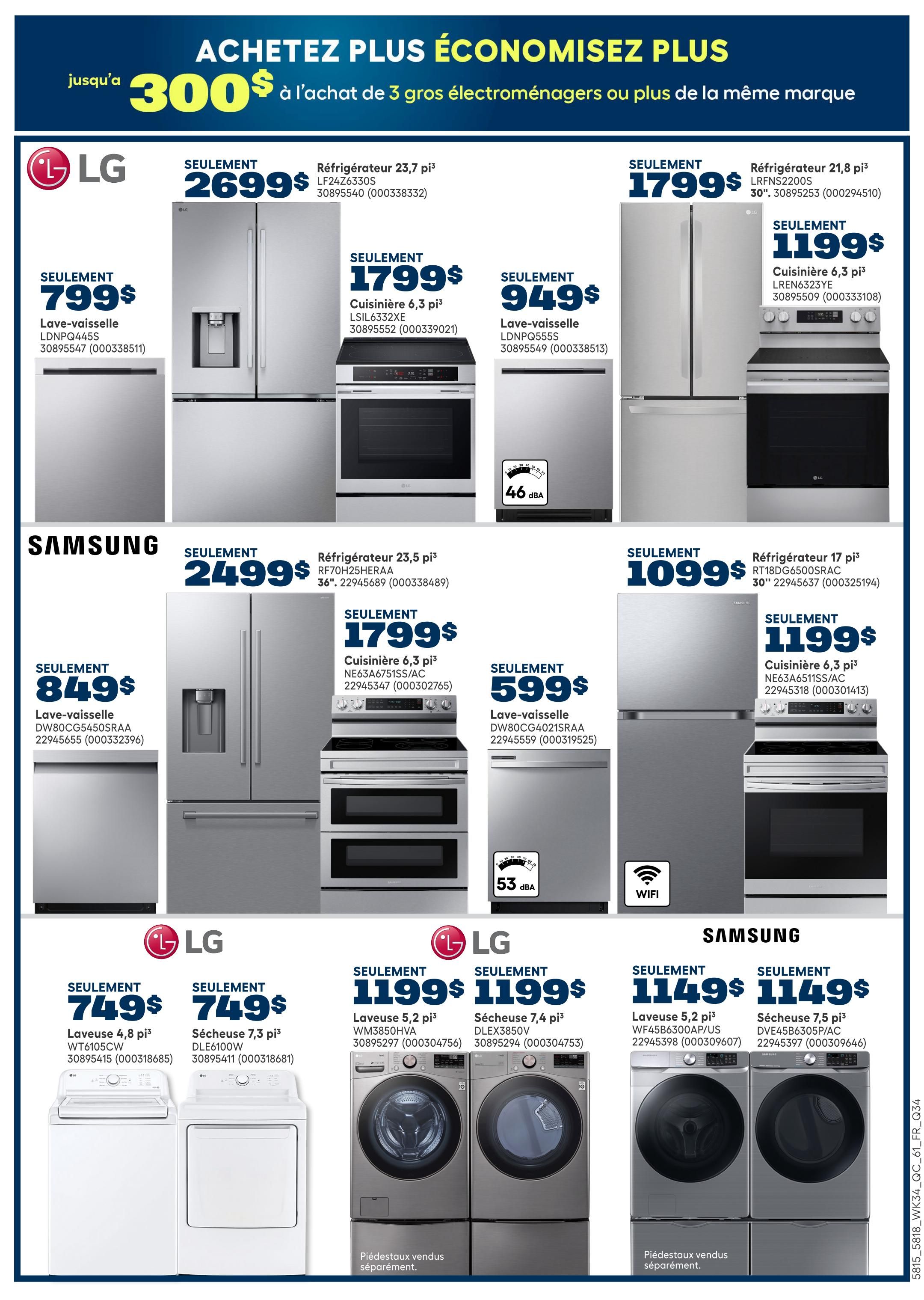 Rona weekly flyer specials page 18 features a promotion: Save up to $300 on the purchase of 3 major appliances of the same brand. Featured LG appliances include a 23.7 cu. ft. refrigerator for $2699, a 6.3 cu. ft. range for $1799, and a 4.8 cu. ft. washer for $749. Also available is an LG 6.3 cu. ft. dishwasher for $1799 and a 7.3 cu. ft. dryer for $749. LG refrigerators are also on sale for $1799 and $1199. Samsung appliances include a 23.5 cu. ft. refrigerator for $2499, a 6.3 cu. ft. range for $1799, a 5.2 cu. ft. washer for $1149, and a 7.5 cu. ft. dryer for $1149. Samsung also offers a 6.3 cu. ft. dishwasher for $949 and a 5.2 cu. ft. washer for $599. Some appliances feature noise level indicators like 46 dBA and 53 dBA, and Wi-Fi connectivity.