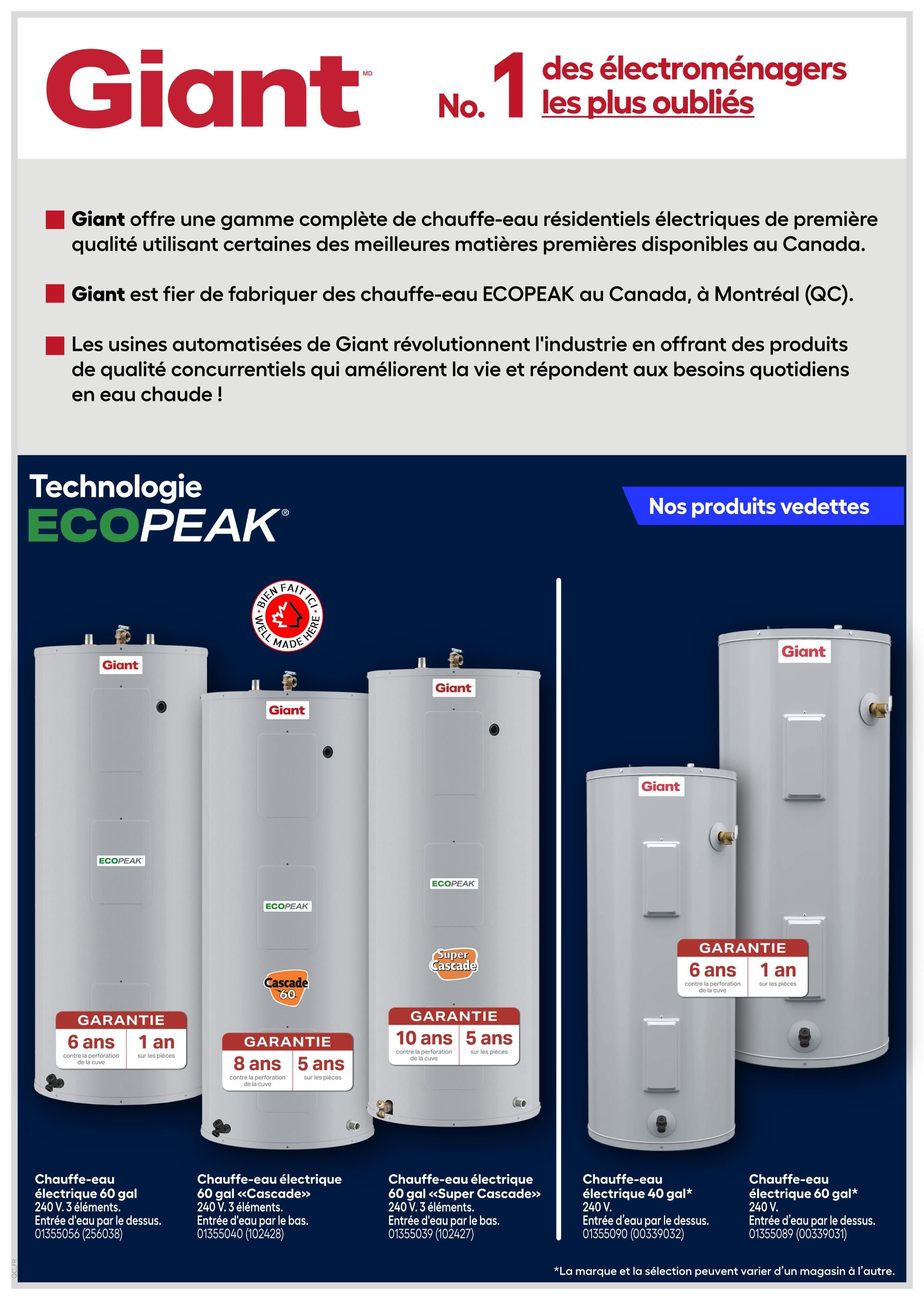 Giant brand page featuring residential electric water heaters. Giant offers a complete range of quality electric water heaters made with premium materials available in Canada, including ECOPEAK models manufactured in Montreal, QC. Featured products include: a 60-gallon electric water heater with 6-year tank warranty and 1-year parts warranty, an 'Cascade' 60-gallon electric water heater with 8-year tank warranty and 5-year parts warranty, a 'Super Cascade' 60-gallon electric water heater with 10-year tank warranty and 5-year parts warranty, a 40-gallon electric water heater with 6-year tank warranty and 1-year parts warranty, and a 60-gallon electric water heater with 6-year tank warranty and 1-year parts warranty. Specific details like voltage (240 V), number of elements (3), and inlet position (top or bottom) are provided for each model, along with product numbers. The page highlights ECOPEAK technology and the 'Made Here' seal.