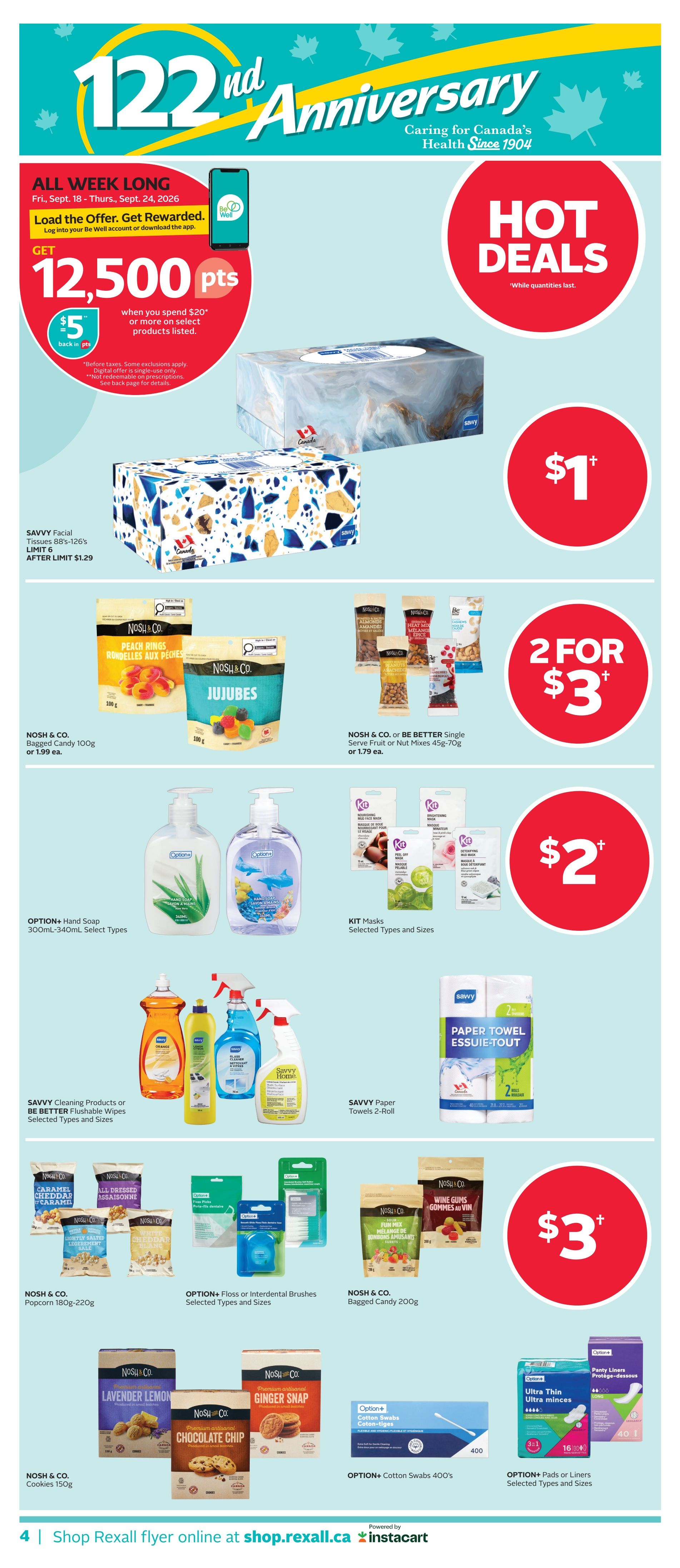 Rexall flyer page 9 featuring 122nd Anniversary specials. All week long, get 12,500 Be Well points when you spend $20 or more on select products. Hot deals include SAVVY Facial Tissues 88's-126's for $1.29 after limit 6. Nosh & Co. Bagged Candy 100g or 1.79 ea. Nosh & Co. or Be Better Single Serve Fruit or Nut Mixes 45g-70g are 2 for $3 or 1.79 ea. Option+ Hand Soap 300mL-340mL and Kit Masks are $2 ea. SAVVY Cleaning Products or Be Better Flushable Wipes and SAVVY Paper Towels 2-Roll are also featured. Nosh & Co. Popcorn 180g-220g and Nosh & Co. Bagged Candy 200g are shown. Option+ Floss or Interdental Brushes and Option+ Cotton Swabs 400's are available. Nosh & Co. Cookies 150g in Lavender Lemon and Chocolate Chip flavours are displayed. Option+ Pads or Liners are also featured. Prices are valid from Friday, September 18 to Thursday, September 24, 2026.