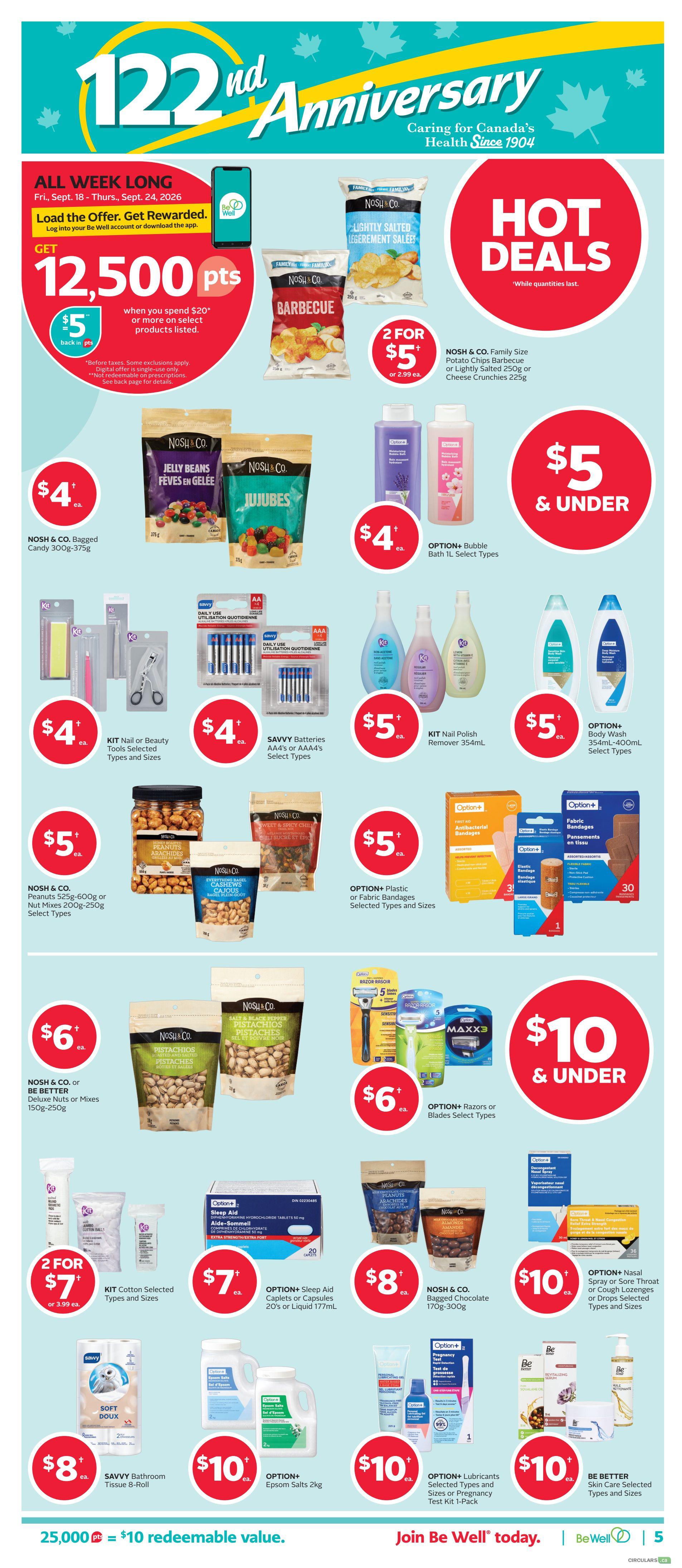 Rexall flyer page 10 featuring 122nd Anniversary specials. Load the offer and get 12,500 Be Well points when you spend $20 or more on select products, with a $5 reward back. Hot deals include Nosh & Co. Family Size Potato Chips in Barbecue or Lightly Salted 250g for 2 for $5, or $2.99 each. Nosh & Co. Bagged Candy 300g-375g is $4 each. Option+ Bubble Bath 1L is $4 each. Kit Nail or Beauty Tools are $4 each. Savvy Batteries AA or AAA4 are $4 each. Kit Nail Polish Remover 354mL is $5 each. Option+ Body Wash 354mL-400mL is $5 each. Nosh & Co. Peanuts 525g or Nut Mixes 200g-250g are $5 each. Option+ Plastic or Fabric Bandages are $5 each. Nosh & Co. or Be Better Deluxe Nuts or Mixes 150g-250g are $6 each. Option+ Razors or Blades are $6 each. Kit Cotton Selected Types and Sizes are 2 for $7, or $3.99 each. Option+ Sleep Aid Caplets or Capsules 20's or Liquid 177mL are $7 each. Nosh & Co. Bagged Chocolate 170g-300g is $8 each. Savvy Bathroom Tissue 8-Roll is $8 each. Option+ Epsom Salts 2kg is $10 each. Option+ Lubricants Selected Types and Sizes or Pregnancy Test Kit 1-Pack are $10 each. Option+ Nasal Spray or Cough Lozenges or Drops are $10 each. Be Better Skin Care Selected Types and Sizes are $10 each. The bottom banner states 25,000 points = $10 redeemable value. Join Be Well today.