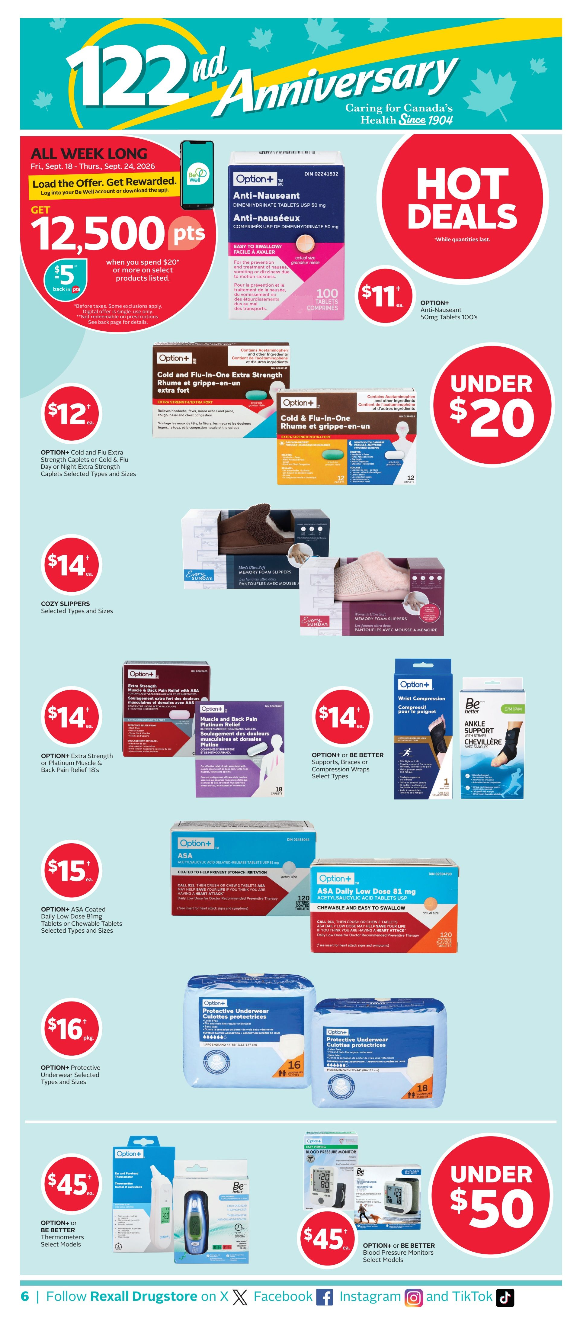 Rexall flyer page 11 featuring '122nd Anniversary' and 'Caring for Canada's Health Since 1904'. All week long, load the offer and get rewarded with 12,500 Be Well points when you spend $20 or more on select products, which is equivalent to $5 back in points. Hot Deals include Option+ Anti-Nauseant Dimethydrinate Tablets USP 50 mg, 100 count, for $11. Under $20 deals feature Option+ Cold and Flu-In-One Extra Strength Rhume et grippe-en-un, available in Caplets or Day or Night Extra Strength, for $12. Also under $20 are Cozy Slippers for $14. Other deals include Option+ Extra Strength or Platinum Muscle & Back Pain Relief 18 caplets for $14, and Option+ or Be Better Supports, Braces or Compression Wraps for $14. Option+ ASA Coated Daily Low Dose 81mg Tablets or Chewable Tablets are $15. Option+ Protective Underwear, available in selected types and sizes, is $16 per package. For $45, get Option+ or Be Better Thermometers in select models. Also for $45, get Option+ or Be Better Blood Pressure Monitors in select models. The bottom of the page shows social media links for Rexall Drugstore.