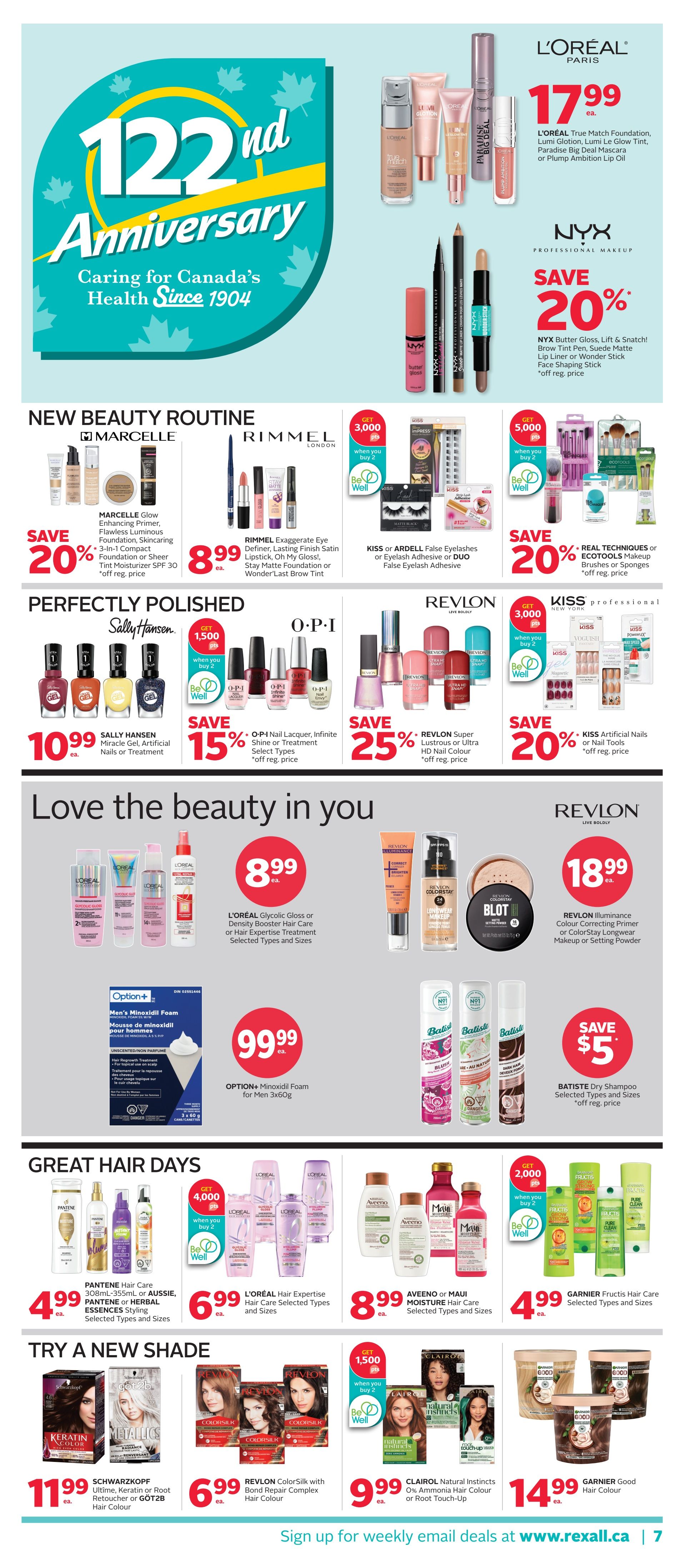 Rexall flyer page 12 featuring a 122nd Anniversary celebration. Top section showcases L'Oréal Paris True Match Foundation, Lumi Glotion, Lumi Le Glow Tint, Paradise Big Deal Mascara, or Plump Ambition Lip Oil for $17.99 each. Also features NYX Professional Makeup with a 20% off sale on Butter Gloss, Lift & Snatch Brow Tint Pen, Suede Matte Lip Liner, or Wonder Stick Face Shaping Stick. New Beauty Routine section includes Marcelle Glow Enhancing Primer, Flawless Luminous Foundation, 3-in-1 Compact Foundation or Sheer Tint Moisturizer SPF 30 on sale for 20% off, and Rimmel Exaggerate Eye Definer, Lasting Finish Satin Lipstick, Oh My Gloss!, Stay Matte Foundation or Wonder'Last Brow Tint for $8.99 each. Kiss or Ardell False Eyelashes or DUO False Eyelash Adhesive is also featured with a 'Get 3,000 Be Well points when you buy 2' offer. Perfectly Polished section highlights Sally Hansen Miracle Gel, Artificial Nails or Treatment for $10.99 each. OPI Nail Lacquer, Infinite Shine or Treatment Select Types are on sale for 15% off, with a 'Get 1,500 Be Well points when you buy 2' offer. Revlon Super Lustrous or Ultra HD Nail Colour is on sale for 25% off. Kiss Artificial Nails or Nail Tools are 20% off. Love the beauty in you section features L'Oréal Glycolic Gloss or Density Booster Hair Care or Hair Expertise Treatment Selected Types and Sizes for $8.99 each. Revlon Illuminance Colour Correcting Primer or ColorStay Longwear Makeup or Setting Powder for $18.99 each. Option+ Minoxidil Foam for Men 3x60g is $99.99 each. Batiste Dry Shampoo Selected Types and Sizes are on sale for $5 off. Great Hair Days section includes Pantene Hair Care 308mL, 355mL or Aussie, Pantene Herbal Essences Styling Selected Types and Sizes for $4.99 each. L'Oréal Hair Expertise Hair Care Selected Types and Sizes are $6.99 each with a 'Get 4,000 Be Well points when you buy 2' offer. Aveeno or Maui Moisture Hair Care Selected Types and Sizes are $8.99 each. Garnier Fructis Hair Care Selected Types and Sizes are $4.99 each. Try a New Shade section features Schwarzkopf Ultimate, Keratin or Root Retoucher or Göt2b Hair Colour for $11.99 each. Revlon ColorSilk with Bond Repair Complex Hair Colour is $6.99 each. Clairol Natural Instincts 0% Ammonia Hair Colour or Root Touch-Up is $9.99 each with a 'Get 1,500 Be Well points when you buy 2' offer. Garnier Good Hair Colour is $14.99 each. The bottom of the page encourages signing up for weekly email deals at www.rexall.ca.