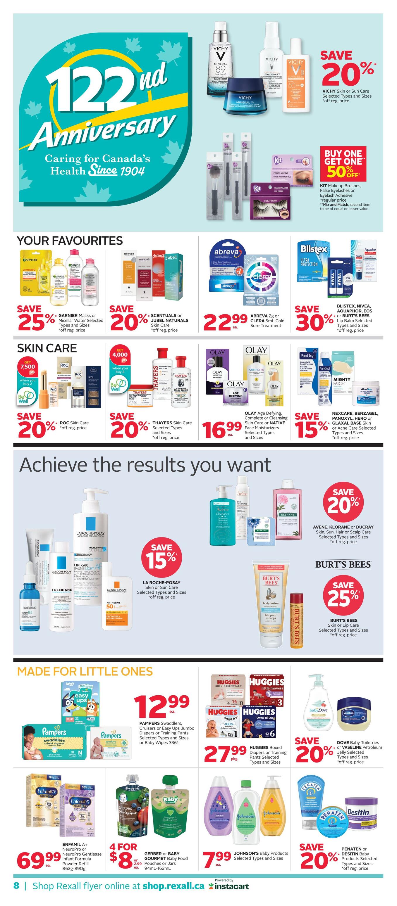 Rexall flyer page 13 featuring '122nd Anniversary Caring for Canada's Health Since 1904'. Top section includes Vichy Skin or Sun Care with a 20% saving, and KIT Makeup Brushes, False Eyelashes or Eyelash Adhesive with a Buy One Get One 50% off offer. 'Your Favourites' section showcases Garnier Masks or Micellar Water (Save 25%), Scentuals or Jubel Naturals Skin Care (Save 20%), Abreva 2g or Clera 5mL Cold Sore Treatment for $22.99 each, and Blistex, Nivea, Aquaphor, EOS or Burt's Bees Lip Balm (Save 30%). The 'Skin Care' section highlights Roc Skin Care (Save 20%), Thayers Skin Care (Save 20%), Olay Age Defying, Complete or Native Face Moisturizers (Save 16.99 each), and Nexcare, Benzagel, Panoxyl, Hero or Glaxay Base Skin or Acne Care (Save 15%). The 'Achieve the results you want' section features La Roche-Posay Skin or Sun Care (Save 15%), Avène, Klorane or Ducray Skin, Sun, Hair or Scalp Care (Save 20%), and Burt's Bees Skin or Lip Care (Save 25%). The 'Made for Little Ones' section includes Pampers Swaddlers, Cruisers or Easy Ups Jumbo Diapers or Training Pants (Save $12.99 each), Huggies Boxed Diapers or Training Pants (Save $27.99 per pkg), Dove Baby Toiletries or Vaseline Petroleum Jelly (Save 20%), Enfamil A+ NeuroPro or NeuroPro Gentlease Infant Formula Powder Refill (Save $69.99 each), Gerber or Baby Gourmet Baby Food Pouches or Jars (4 for $8 or $2.99 each), Johnson's Baby Products (Save $7.99 each), and Penaten or Desitin Baby Products (Save 20%).