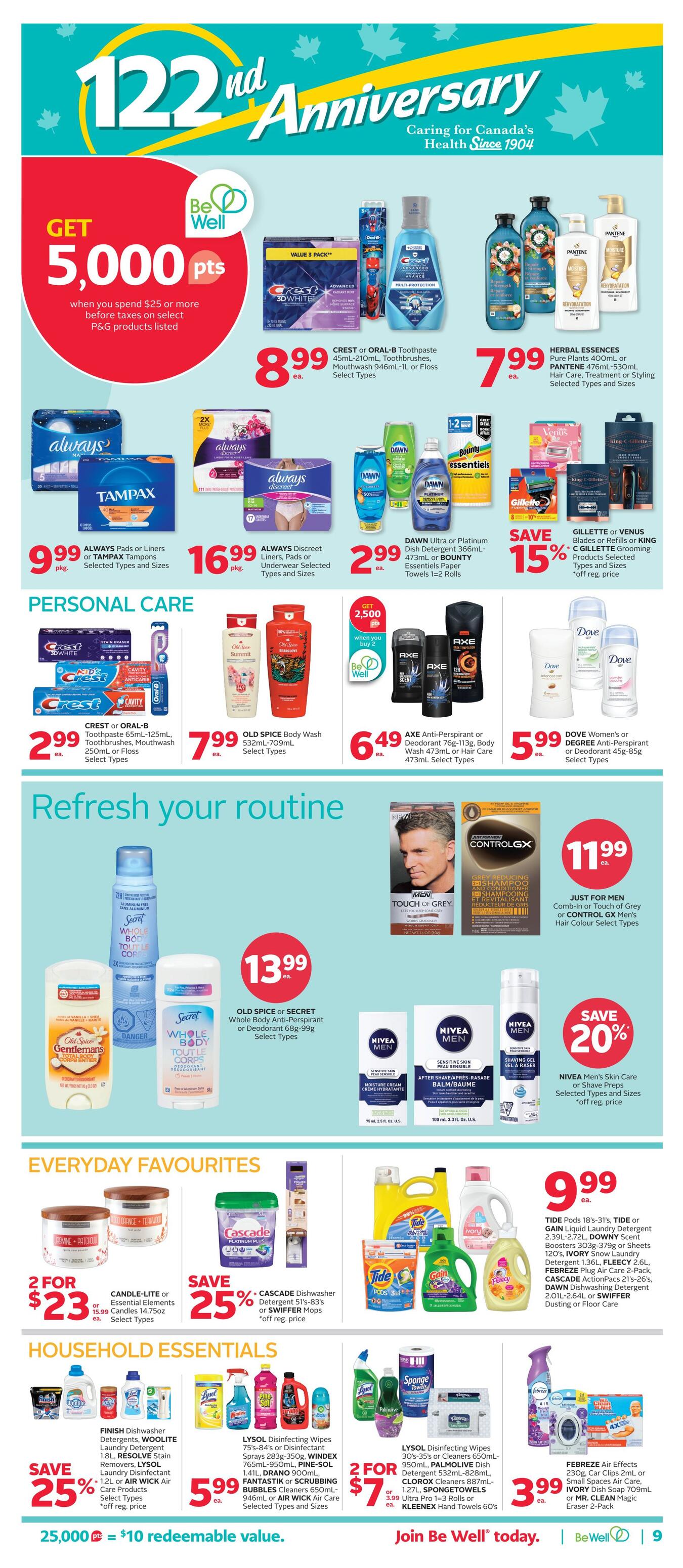 Rexall flyer page 14 featuring 122nd Anniversary specials. Get 5,000 Be Well points when you spend $25 or more on select P&G products. Featured products include Crest or Oral-B Toothpaste, Mouthwash, or Floss for $8.99, and Herbal Essences or Pantene Hair Care for $7.99. Always Pads or Liners or Tampax Tampons are $9.99 per pkg, and Always Discreet Liners or Underwear are $16.99 per pkg. Dawn Ultra or Platinum Dish Detergent is $2.99 each, with a save 15% offer on Gillette or Venus Blades or Refills and King C. Gillette Grooming products. Personal Care items include Crest Toothpaste, Toothbrushes, Mouthwash, or Floss for $2.99, Old Spice Body Wash for $7.99, and Axe Anti-Perspirant or Body Spray, Body Wash, or Hair Care for $6.49. Dove Women's or Degree Anti-Perspirant or Deodorant is $5.99. Refresh your routine with Old Spice or Secret Body Wash or Deodorant for $13.99. Just for Men Comb-in or Touch of Grey or Control GX Hair Colour is $11.99. Nivea Men's Skincare, including Shaving Gel, is on sale with save 20%. Everyday Favourites include Candle-lite or Essential Elements Candles 2 for $23, Cascade Dishwasher Detergent or Swiffer Mops with save 25%, and Tide, Tide Pods, Tide or Gain Liquid Laundry Detergent, Ivory Snow Laundry Detergent, or Febreze Air Effects for $9.99. Household Essentials include Finish Dish Detergent, Woolite Laundry Detergent, Resolve Stain Removers, or Air Wick Care Products with save 25%. Lysol Disinfecting Wipes, Fantastik or Scrubbing Bubbles Cleaners, or Air Wick Air Care products are $5.99. Lysol Disinfecting Wipes, Palmolive Dish Detergent, or SpongeTowels are 2 for $7. Febreze Air Effects or Ivory Dish Soap are $3.99. Spend $25,000 for redeemable value. Join Be Well today.