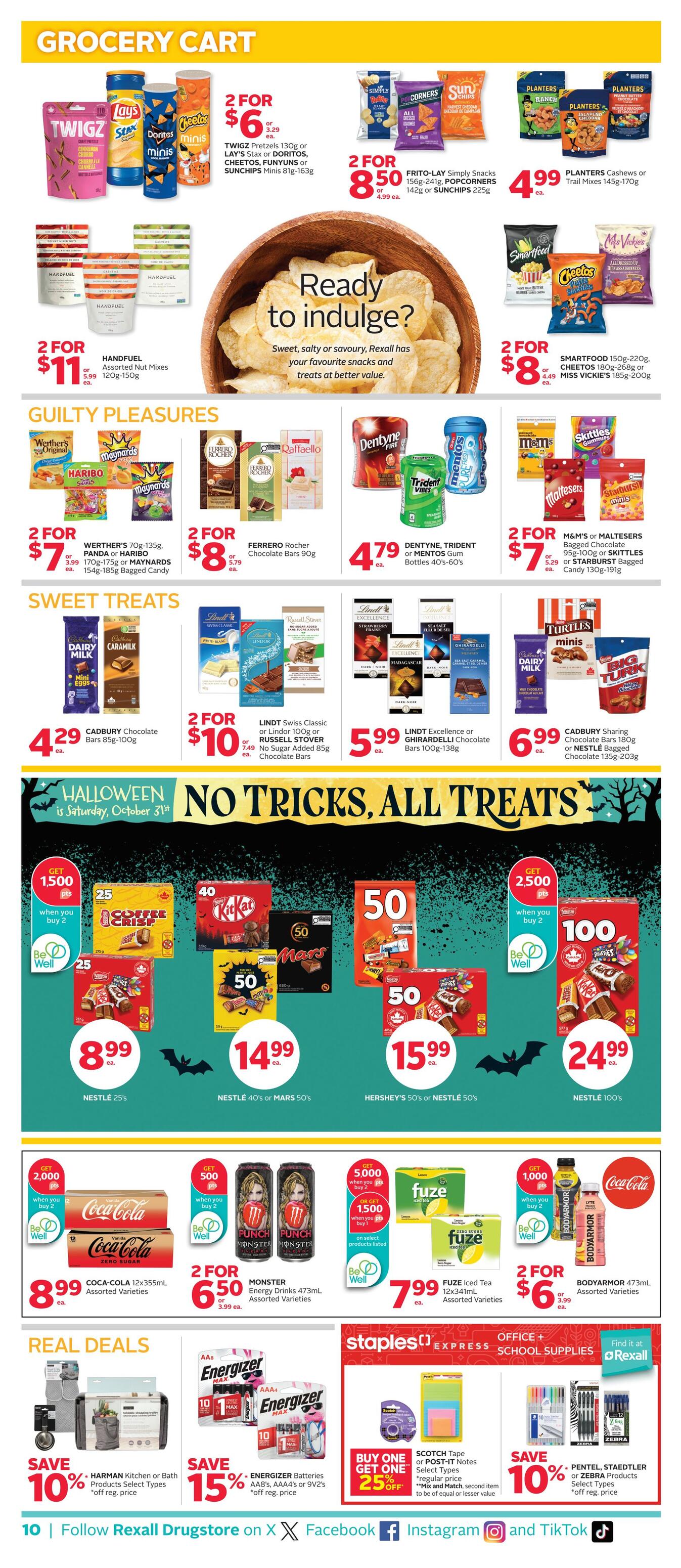 Rexall flyer page 15 features a Grocery Cart section with various snack deals. Get 2 for $6 on TWIGZ Pretzels, Doritos, Cheetos, Funyuns, or Sunchips Minis. Frito-Lay Simply Snacks and Popcorn are 2 for $8.50. Planters Cashews or Trail Mix are $4.99. Handfuel Assorted Nut Mixes are 2 for $11. Smartfood, Cheetos, and Miss Vickie's snacks are 2 for $8. The Guilty Pleasures section includes Werther's Original, Maynards, or Haribo candies for 2 for $7. Ferrero Rocher Chocolate Bars are 2 for $8. Dentyne, Trident, or Mentos Gum bottles are $4.79. M&M's or Maltesers Bagged Candy and Skittles or Starburst Bagged Candy are 2 for $7. Sweet Treats offers Cadbury Chocolate Bars for $4.29. Lindt Swiss Classic or Lindt Lindor Chocolate Bars are 2 for $10. Lindt Excellence or Ghirardelli Chocolate Bars are $5.99. Cadbury Sharing Chocolate Bars and Nestle Bagged Chocolate are $6.99. The Halloween section, with the theme 'No Tricks, All Treats', showcases various chocolate bar multipacks: Nestle 25's for $8.99, Nestle 40's or Mars 50's for $14.99, Hershey's 50's or Nestle 50's for $15.99, and Nestle 100's for $24.99. There are also Be Well points offers on many of these Halloween treats. Real Deals include Harman or Bath Products with 10% off, Energizer Batteries (AAB's, AAA's or 9V2's) with 15% off, and Staples Office + School Supplies with 10% off Pentel, Staedtler, or Zebra products. Also featured are Coca-Cola 12x355mL Assorted Varieties for $8.99, Monster Energy Drinks 473mL Assorted Varieties for 2 for $6.50, Fuze Iced Tea 12x341mL Assorted Varieties for $7.99, and BodyArmor 473mL Assorted Varieties for 2 for $6. Buy One Get One 25% off Scotch Tape or Post-it Notes.