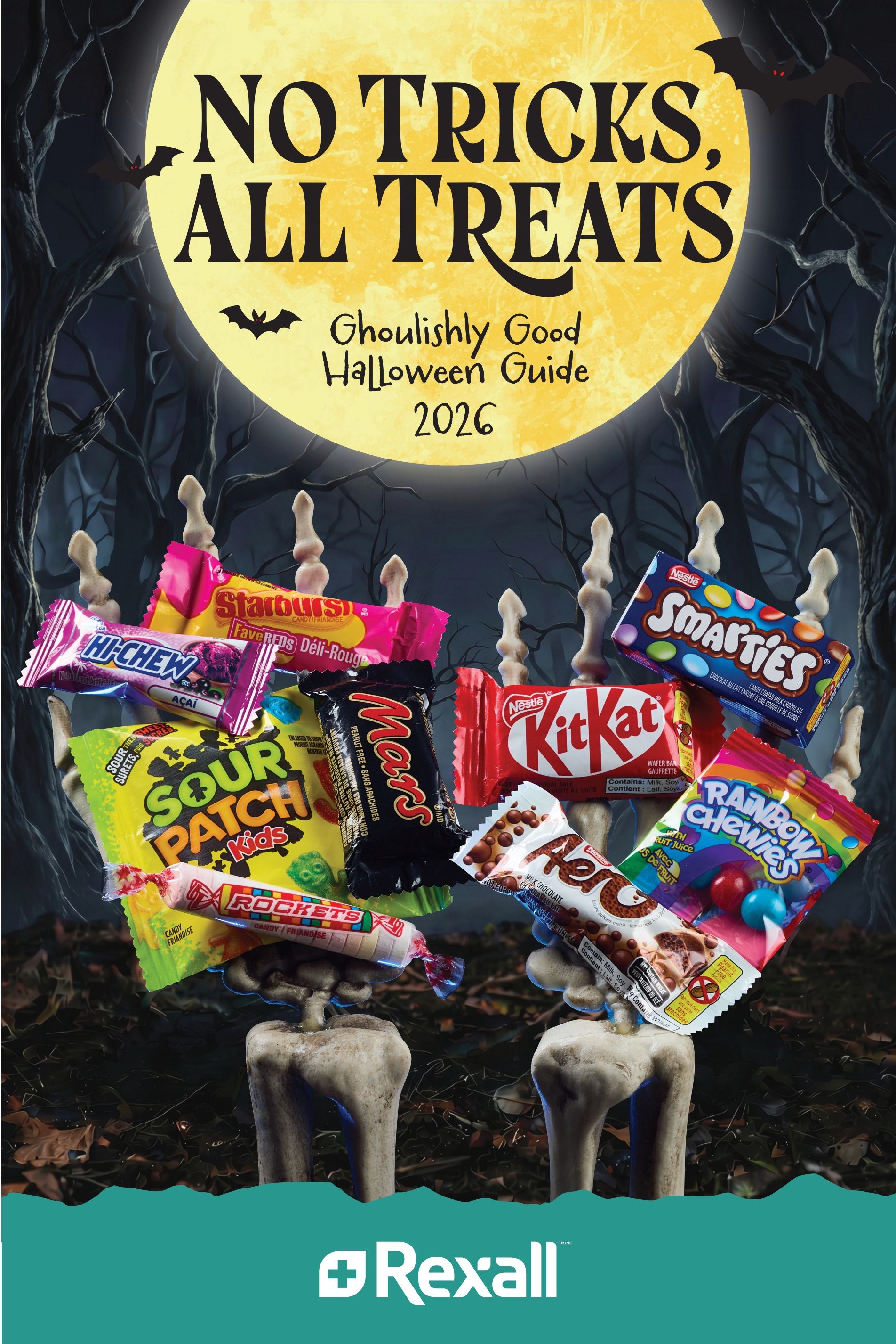 Rexall's Ghoulishly Good Halloween Guide for 2026 features a spooky theme with skeleton hands holding various popular candies. Featured treats include Hi-Chew, Starburst FaveReds, Sour Patch Kids, Rockets, Mars bars, Kit Kat, Aero, Smarties, and Rainbow Chewies. The page has a large moon and dark, eerie trees in the background, with the text 'NO TRICKS, ALL TREATS' prominently displayed.
