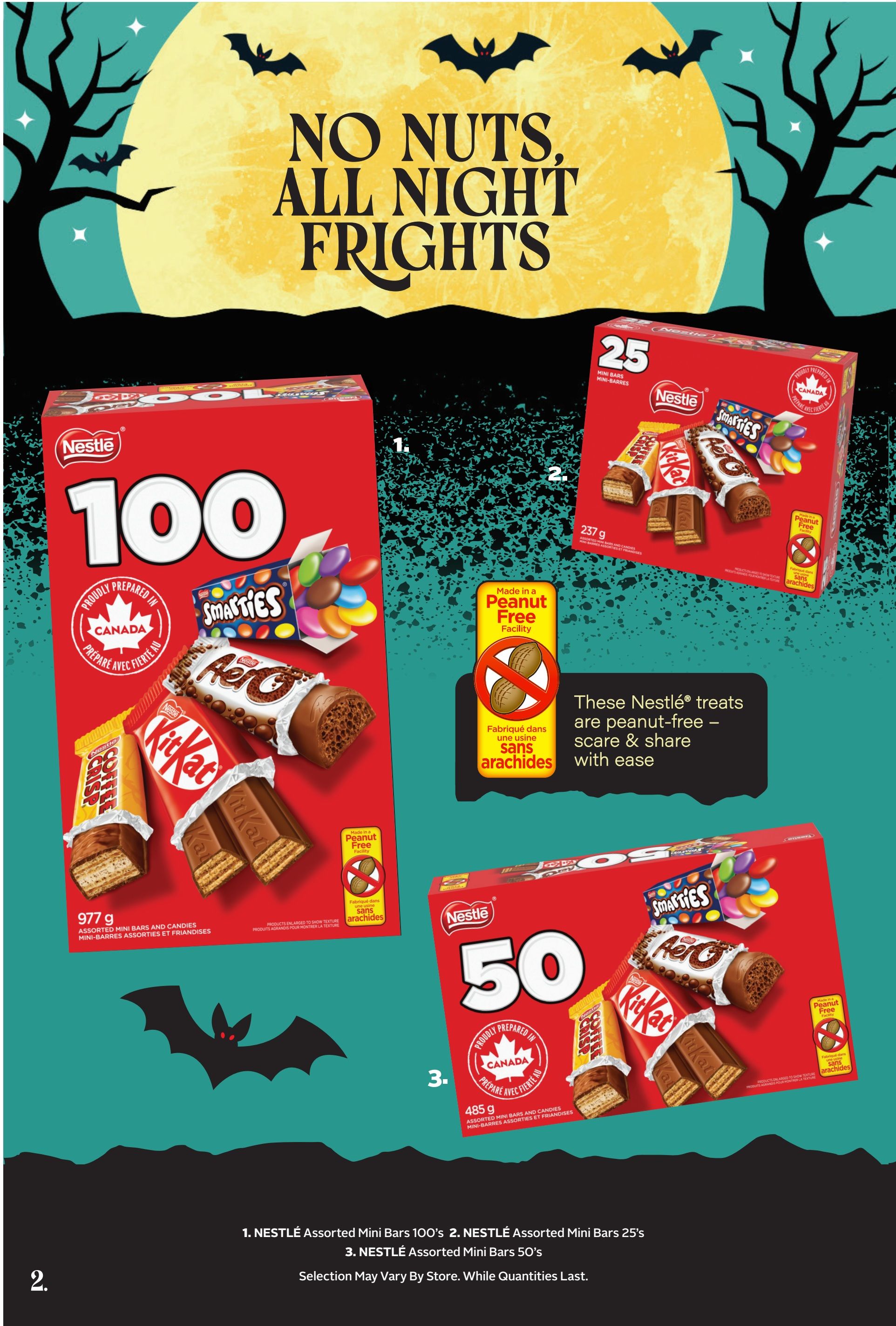 Rexall flyer page featuring Nestlé assorted mini bars and candies with a Halloween theme. Item 1 is Nestlé Assorted Mini Bars 100's, 977g, proudly prepared in Canada, made in a peanut-free facility. Item 2 is Nestlé Assorted Mini Bars 25's, 237g, also peanut-free. Item 3 is Nestlé Assorted Mini Bars 50's, 485g, proudly prepared in Canada and peanut-free. The text 'No Nuts, All Night Frights' is prominently displayed. Selection may vary by store, while quantities last.
