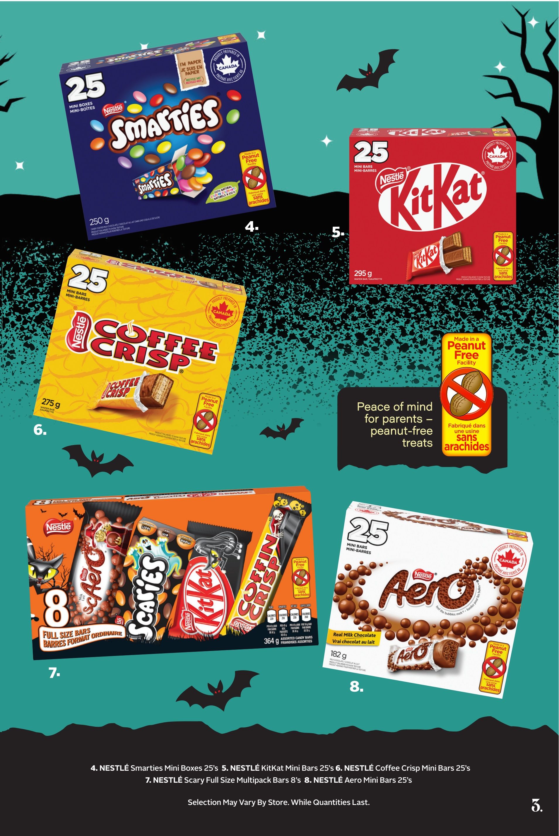 Page 18 of the Rexall flyer features a selection of Nestlé chocolate bars and treats. Item 4 is Nestlé Smarties Mini Boxes, 25 count, 250g. Item 5 is Nestlé KitKat Mini Bars, 25 count, 295g. Item 6 is Nestlé Coffee Crisp Mini Bars, 25 count, 275g. All three items are marked as peanut-free. Item 7 is a Nestlé Scary Full Size Multipack with 8 bars, 364g, featuring assorted candy bars. Item 8 is Nestlé Aero Mini Bars, 25 count, 182g, made with real milk chocolate and also peanut-free. A special message highlights 'Peace of mind for parents - peanut-free treats' made in a peanut-free facility.