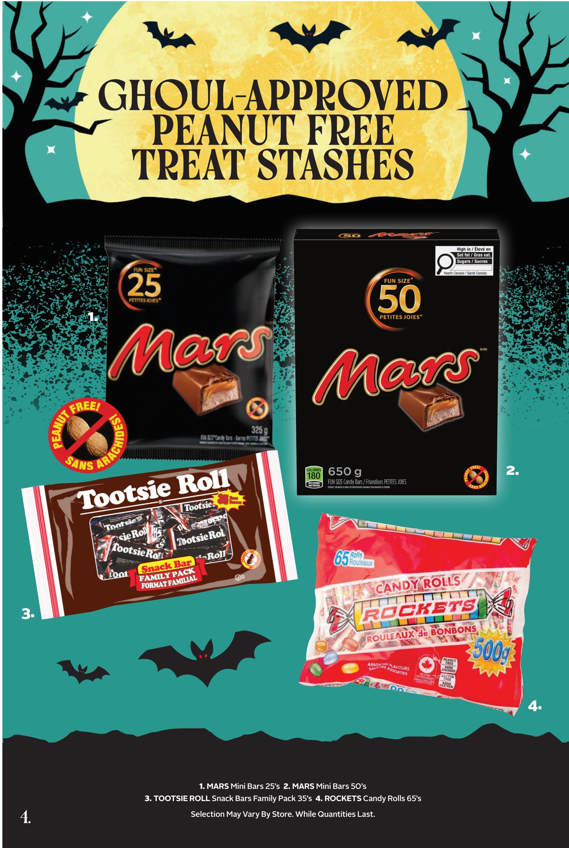 Rexall flyer page featuring Halloween-themed peanut-free treat stashes. Offers include Mars Mini Bars 25's, Mars Mini Bars 50's, Tootsie Roll Snack Bars Family Pack 35's, and Rockets Candy Rolls 65's. Selection may vary by store. While quantities last.
