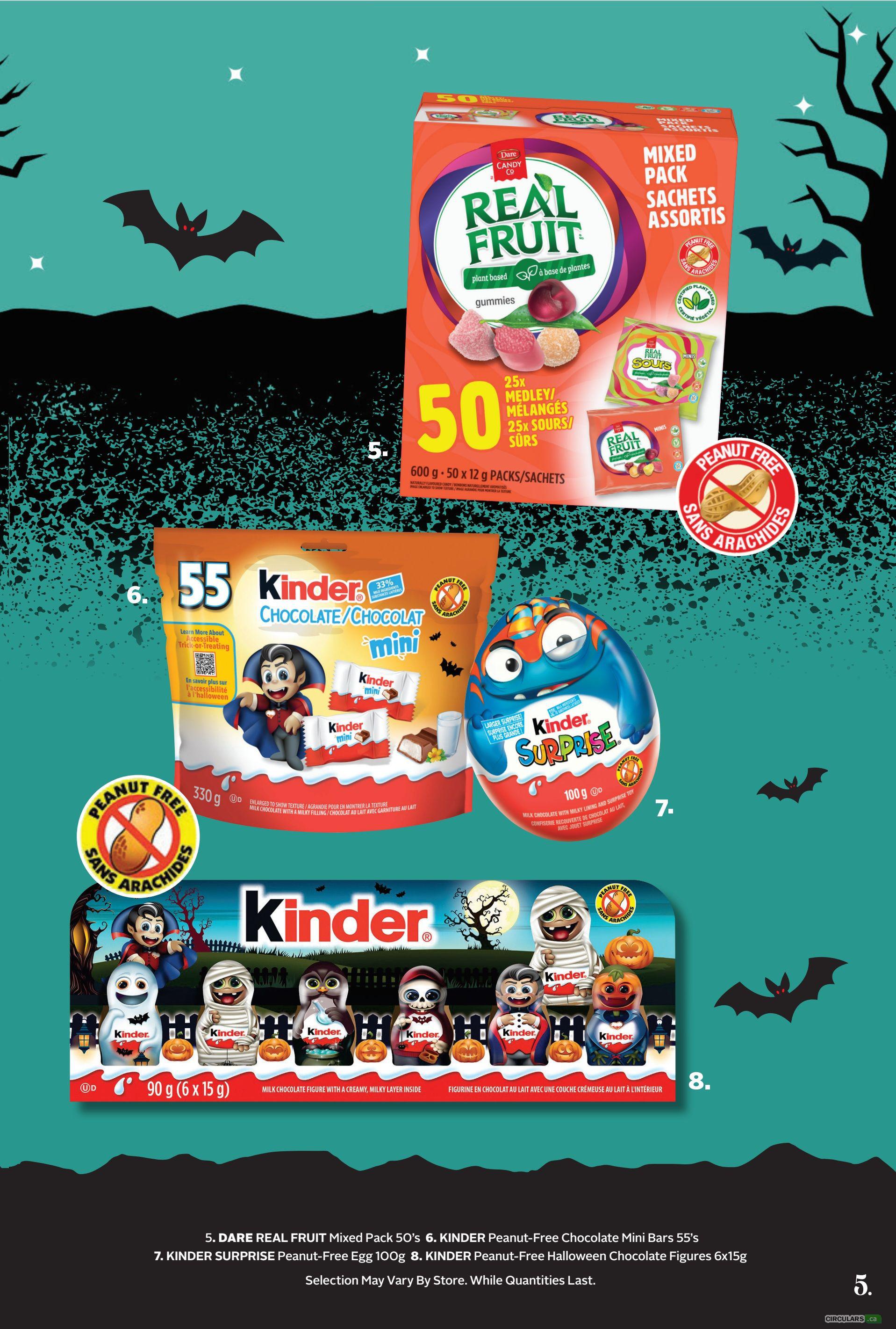 Page 20 of the Rexall flyer features Halloween-themed treats. Item 5 is DARE REAL FRUIT Mixed Pack 50's gummies, 600g, available in a mixed pack of 50. Item 6 is KINDER Peanut-Free Chocolate Mini Bars 55's, 330g. Item 7 is KINDER SURPRISE Peanut-Free Egg, 100g. Item 8 is KINDER Peanut-Free Halloween Chocolate Figures, 6x15g. All items are peanut-free. Selection may vary by store, while quantities last.