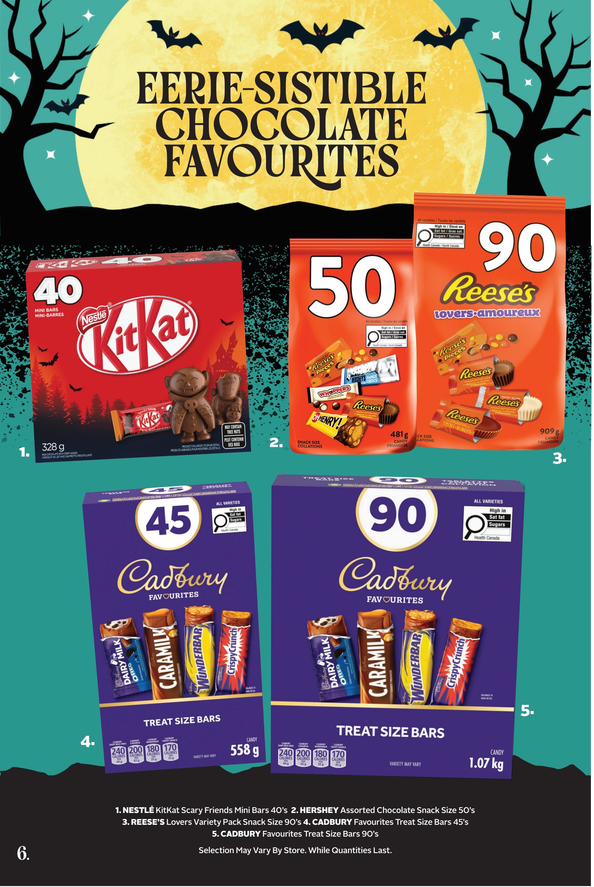 Rexall flyer page 21 featuring Eerie-sistible Chocolate Favourites for Halloween. Item 1: Nestlé KitKat Scary Friends Mini Bars, 40 count, 328g. Item 2: Hershey Assorted Chocolate Snack Size, 50 count, 481g. Item 3: Reese's Lovers Variety Pack Snack Size, 90 count, 909g. Item 4: Cadbury Favourites Treat Size Bars, 45 count, 558g. Item 5: Cadbury Favourites Treat Size Bars, 90 count, 1.07kg. All varieties are available and may contain tree nuts. Selection may vary by store. While quantities last.
