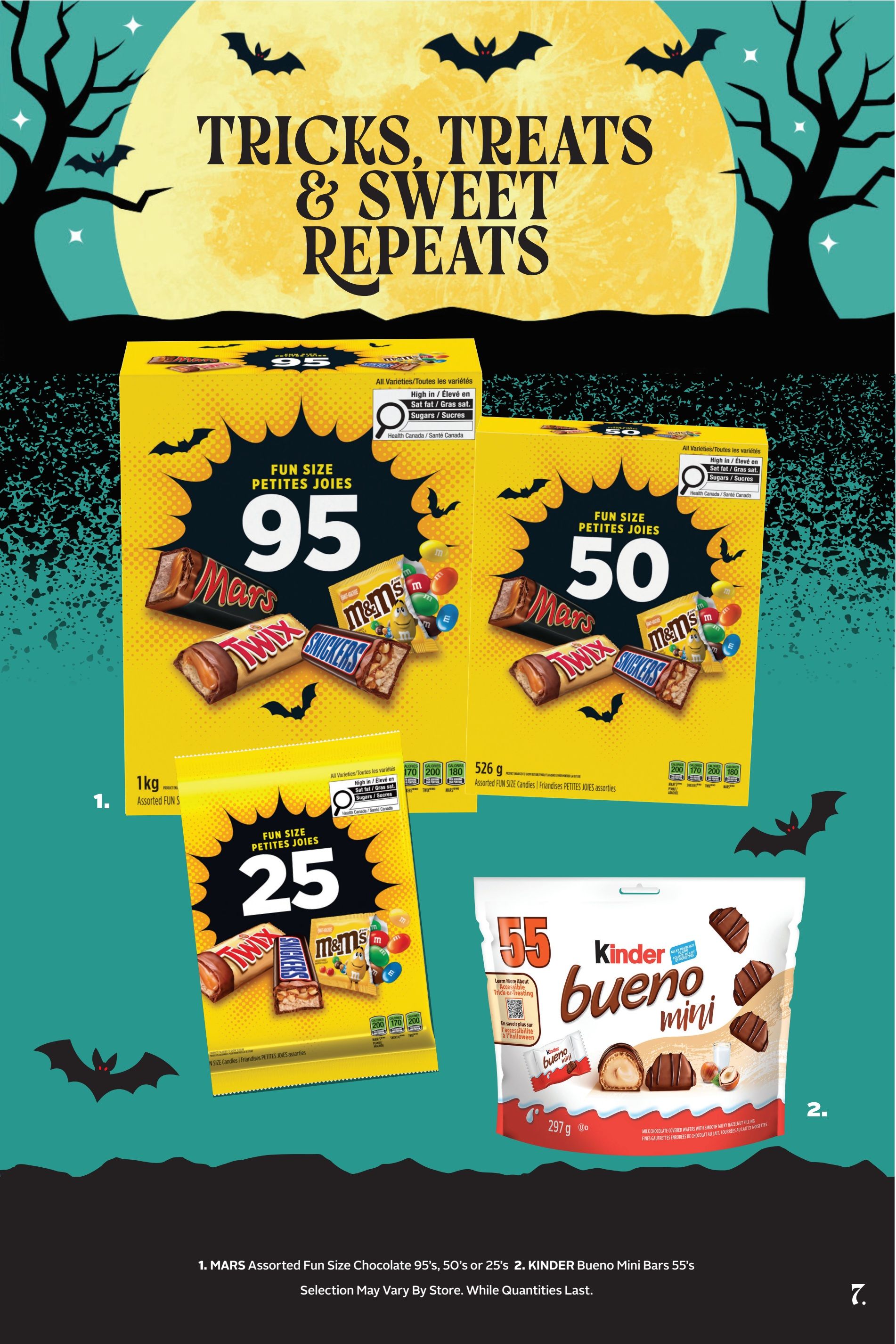 Rexall flyer page 22 features Halloween treats with a 'Tricks, Treats & Sweet Repeats' theme. Item 1 showcases MARS Assorted Fun Size Chocolate bars in 95's, 50's, or 25's packs, with prices of $5.00 for the 95's and 50's, and $2.50 for the 25's. Item 2 features KINDER Bueno Mini Bars 55's for $5.00. All items are available while quantities last. Selection may vary by store.