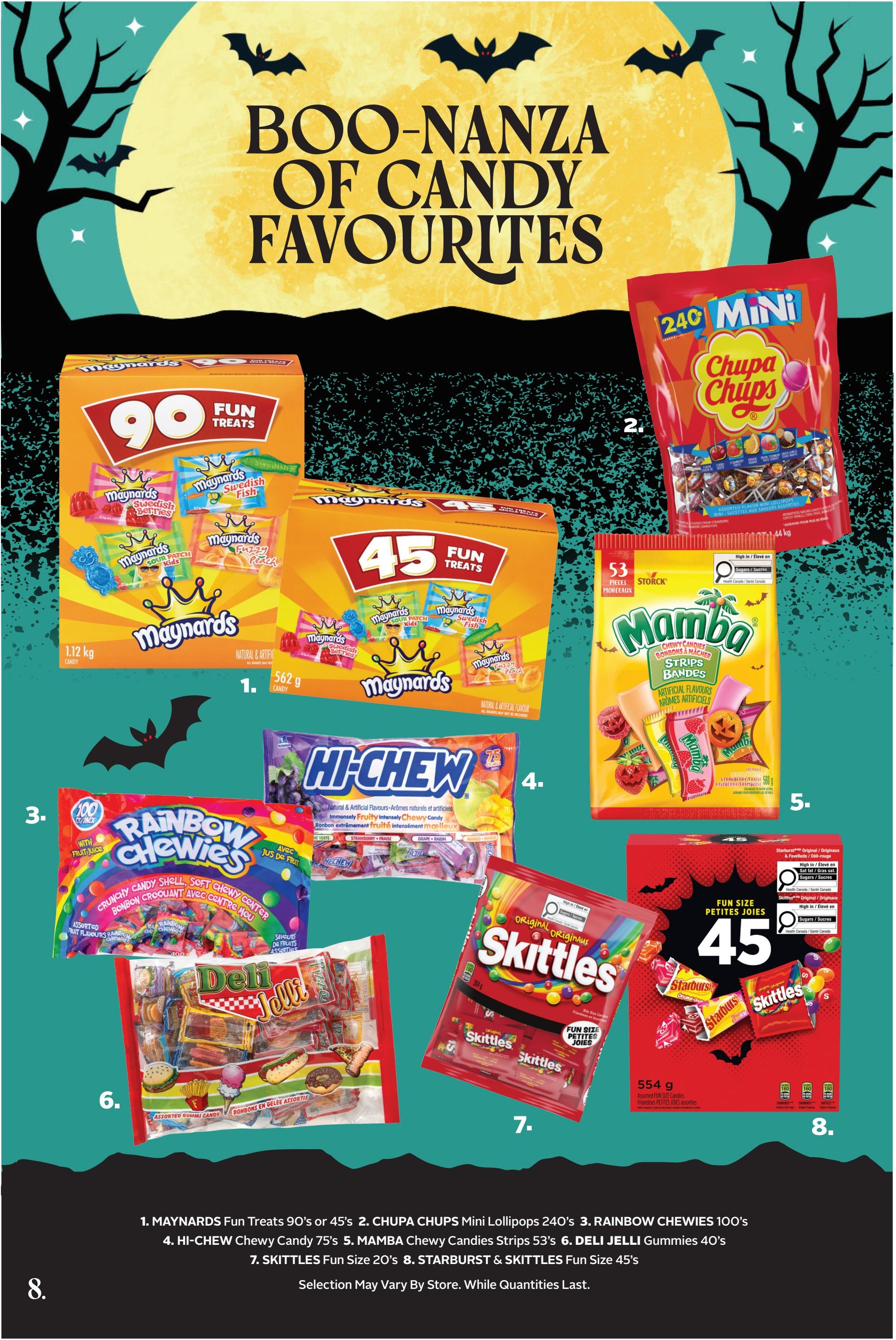 Rexall flyer page featuring 'Boo-Nanza of Candy Favourites' with Halloween-themed graphics. Featured products include: 1. Maynards Fun Treats 90's (1.12 kg) and 45's (562 g) in various flavours like Swedish Fish, Sour Patch Kids, and Fuzzy Peach. 2. Chupa Chups Mini Lollipops (240 count). 3. Rainbow Chewies (100 count) with fruit juice. 4. Hi-Chew Chewy Candy (75 count) in assorted fruit flavours. 5. Mamba Chewy Candies Strips (53 count). 6. Deli Jelli Gummies (40 count) assorted. 7. Skittles Fun Size (20 count). 8. Starburst & Skittles Fun Size (45 count). Selection may vary by store. While quantities last.