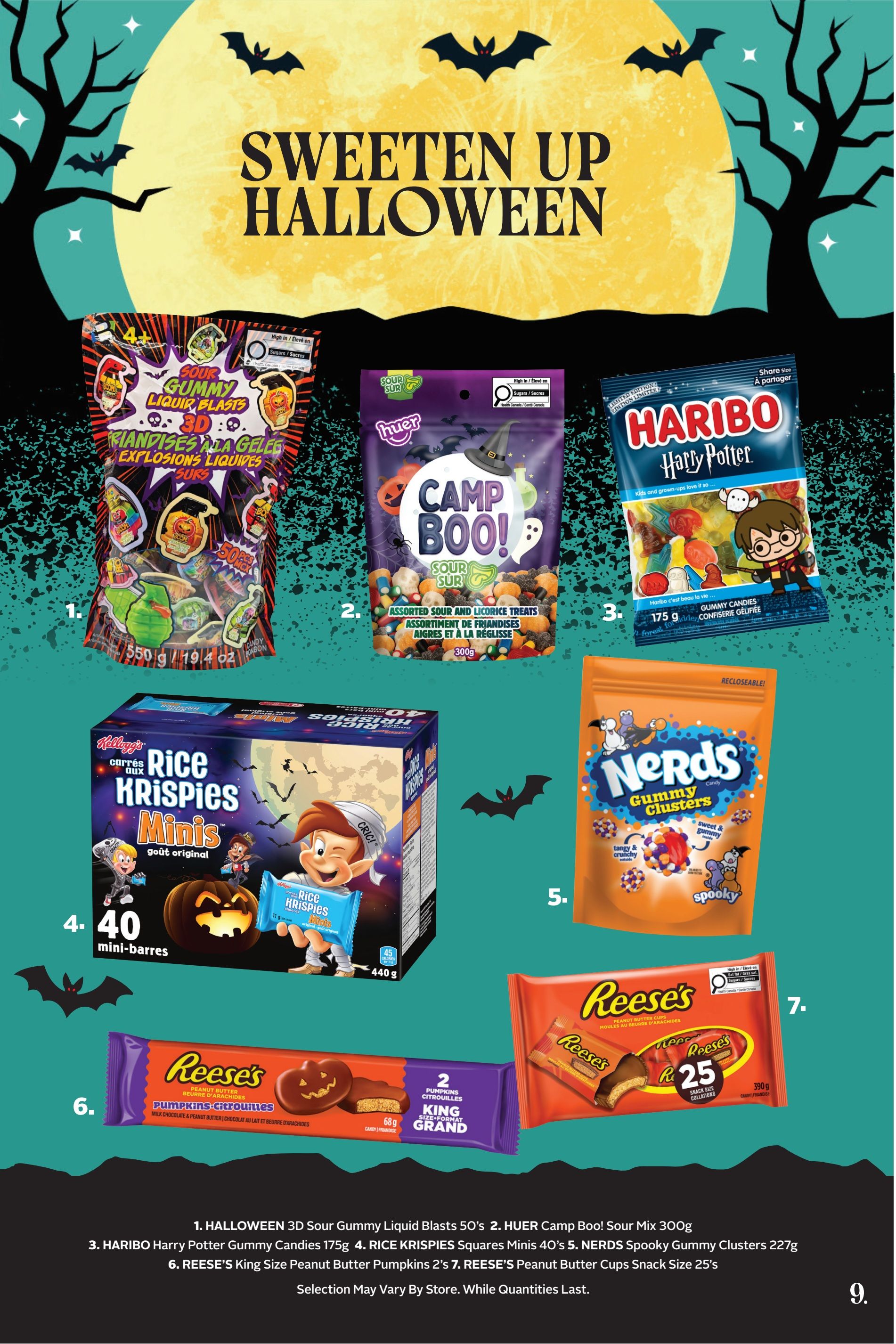 Rexall flyer page 24 features Halloween candy specials. Items include: 1. Halloween 3D Sour Gummy Liquid Blasts 50's, 2. HUER Camp Boo! Sour Mix 300g, 3. Haribo Harry Potter Gummy Candies 175g, 4. Kellogg's Rice Krispies Squares Minis 40's (440g), 5. Nerds Spooky Gummy Clusters 227g, 6. Reese's King Size Peanut Butter Pumpkins 2's, and 7. Reese's Peanut Butter Cups Snack Size 25's (390g). Selection may vary by store. While quantities last.