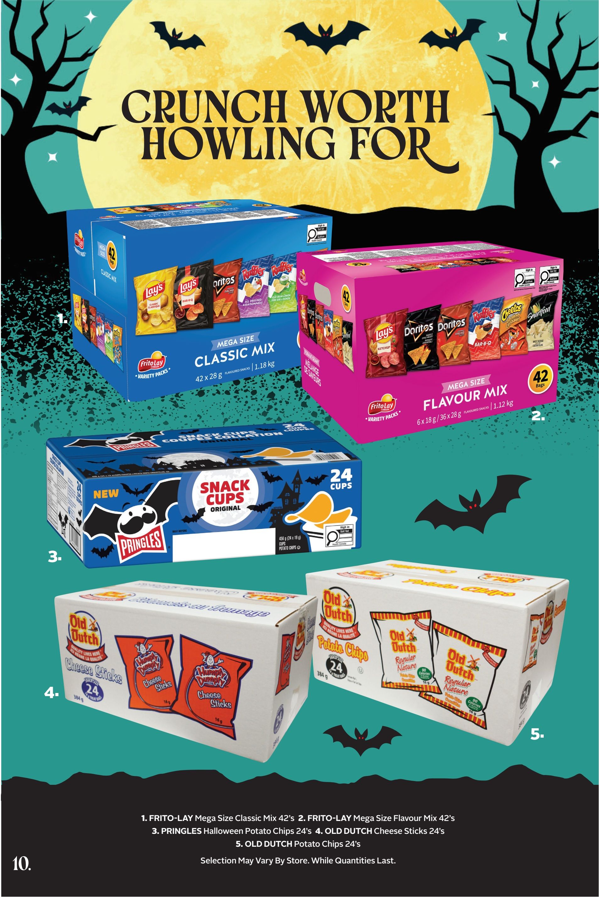 Rexall flyer page 25 features Halloween-themed snack deals. Featured are Frito-Lay Mega Size Classic Mix 42's and Frito-Lay Mega Size Flavour Mix 42's variety packs. Also available are Pringles Halloween Potato Chips 24's and Old Dutch Cheese Sticks 24's. Old Dutch Potato Chips 24's are also shown. The page has a 'Crunch Worth Howling For' headline with bats and a large moon graphic. Selection may vary by store, while quantities last.