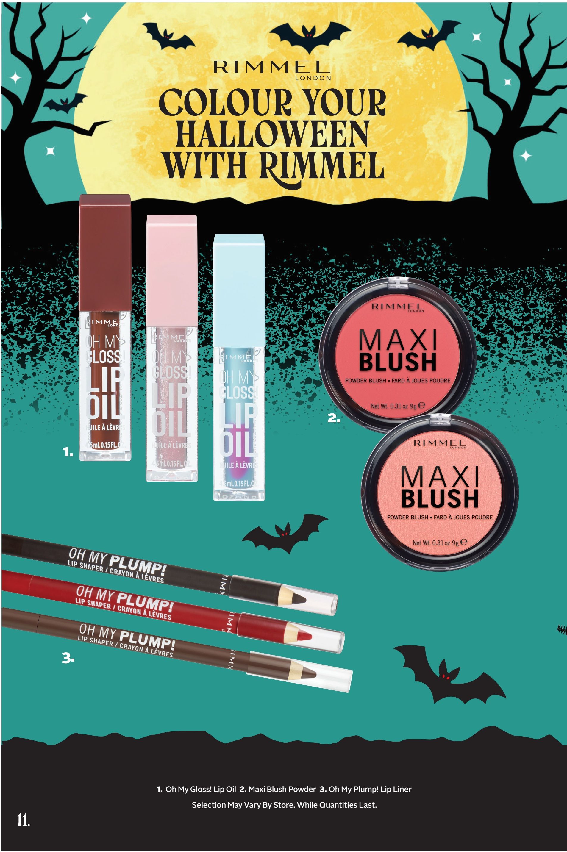 Rexall flyer page 26 features Rimmel London makeup for Halloween. Products include Rimmel Oh My Gloss! Lip Oil in various shades, Rimmel Maxi Blush Powder in two shades, and Rimmel Oh My Plump! Lip Liner in three shades. The selection may vary by store, while quantities last.