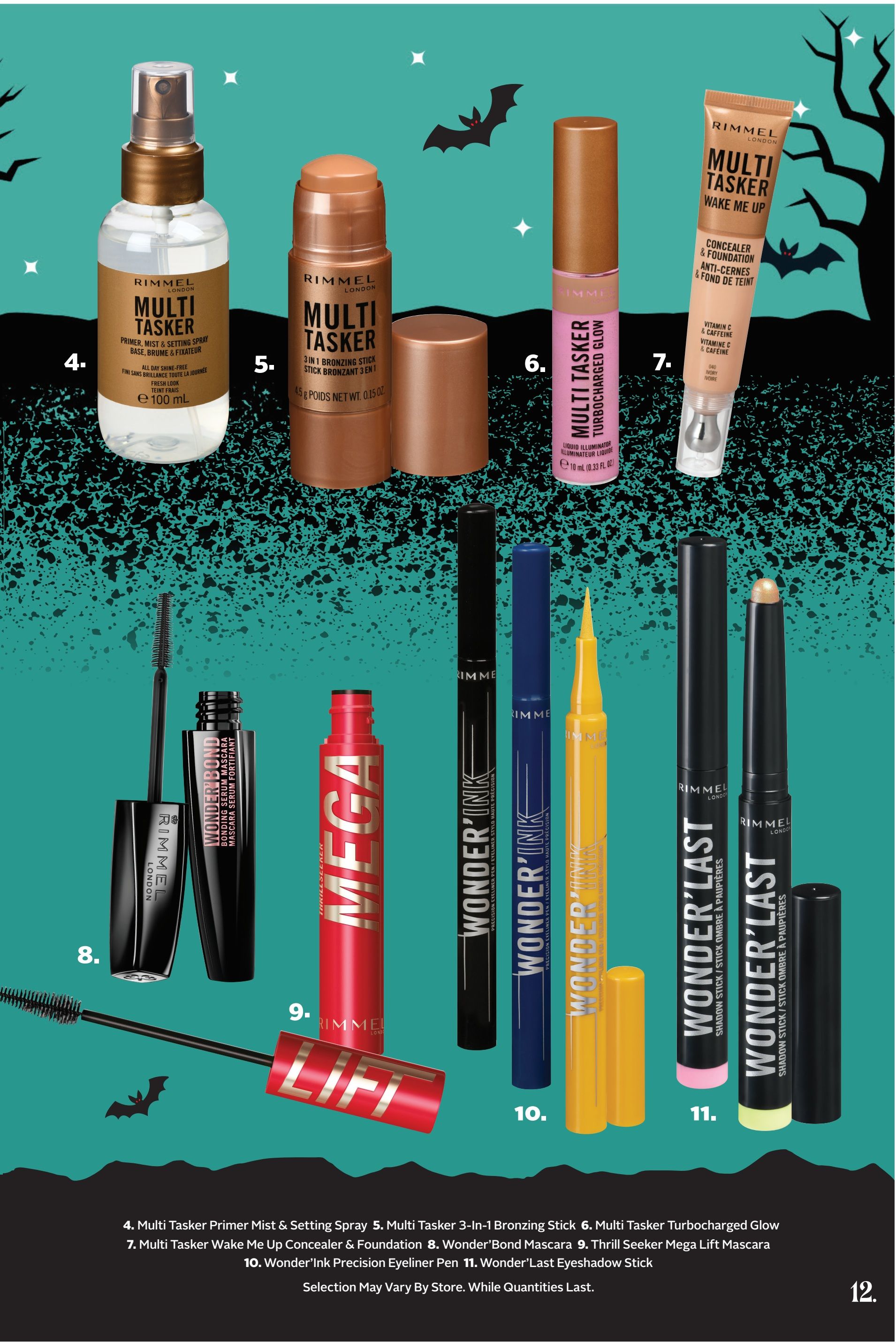 Rexall flyer page 27 featuring Rimmel London beauty products. Items include: 4. Multi Tasker Primer Mist & Setting Spray in a 100 mL bottle. 5. Multi Tasker 3-in-1 Bronzing Stick. 6. Multi Tasker Turbocharged Glow liquid illuminator in a 10 mL tube. 7. Multi Tasker Wake Me Up Concealer & Foundation. 8. Wonder'Bond Mascara. 9. Thrill Seeker Mega Lift Mascara. 10. Wonder'Ink Precision Eyeliner Pen in black and blue. 11. Wonder'Last Eyeshadow Stick in pink and yellow. Selection may vary by store. While quantities last.