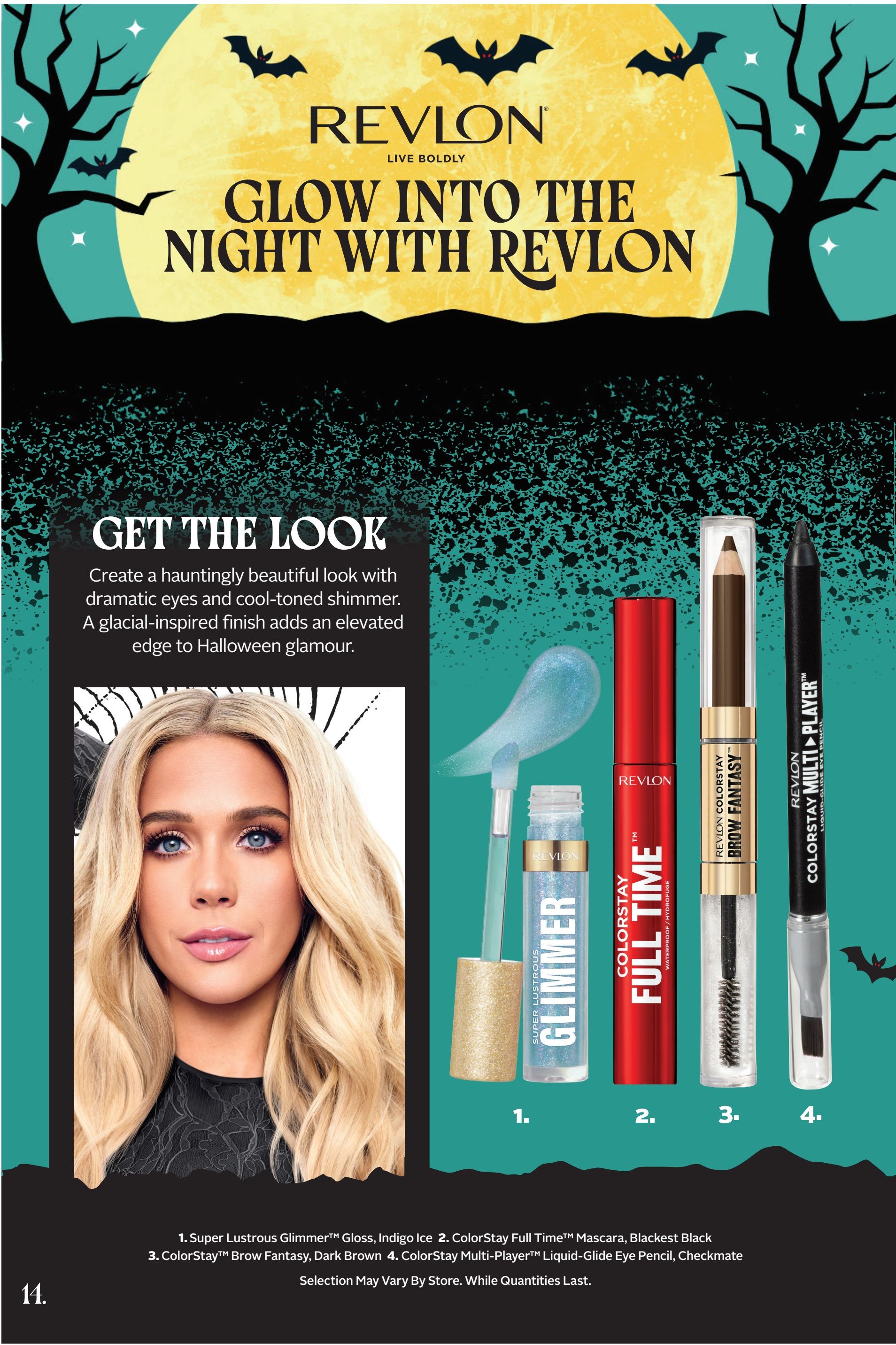 Rexall flyer page 29 features Revlon makeup for a 'Glow Into The Night' Halloween look. The page showcases a model with dramatic eyes and cool-toned shimmer, alongside four Revlon products: 1. Super Lustrous Glimmer Gloss in Indigo Ice, 2. ColorStay Full Time Mascara in Blackest Black, 3. ColorStay Brow Fantasy in Dark Brown, and 4. ColorStay Multi-Player Liquid-Glide Eye Pencil in Checkmate. The text encourages creating a hauntingly beautiful look with dramatic eyes and shimmer for Halloween glamour. Selection may vary by store, while quantities last.